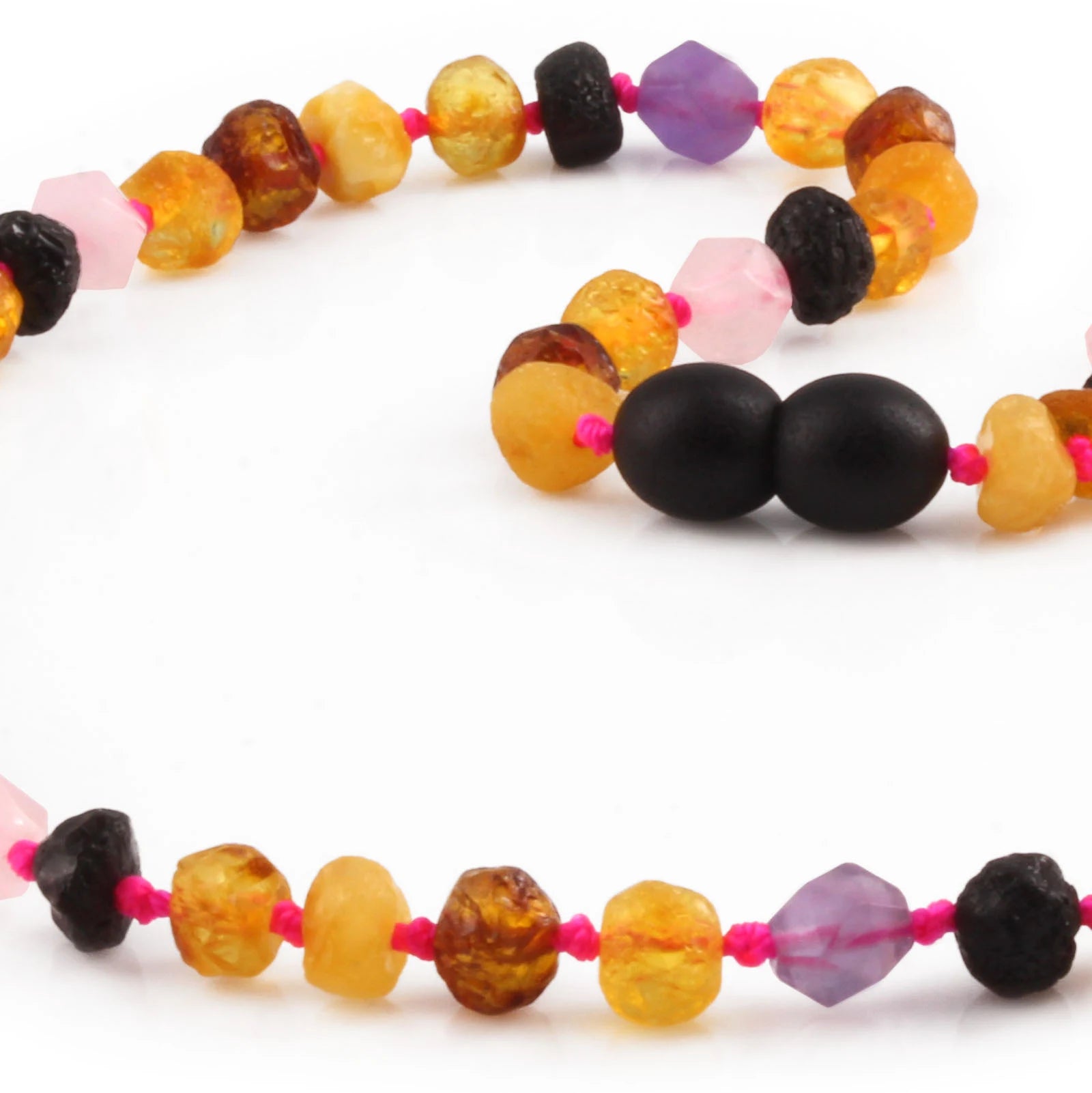 Natural Baltic Amber Junior Necklace with Amethyst & Rose Quartz. Baroque 6mm - JN109