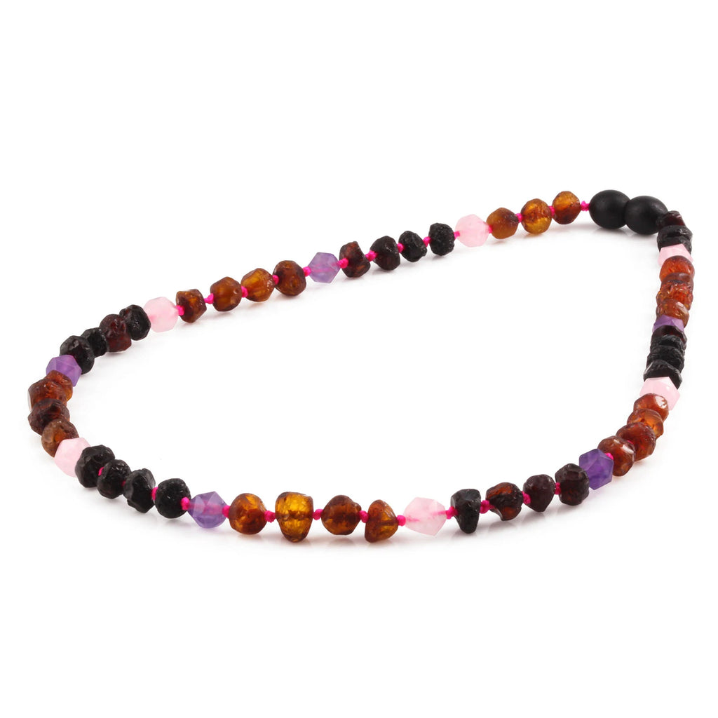 Natural Baltic Amber Junior Necklace with Amethyst & Rose Quartz. Baroque 6mm - JN110