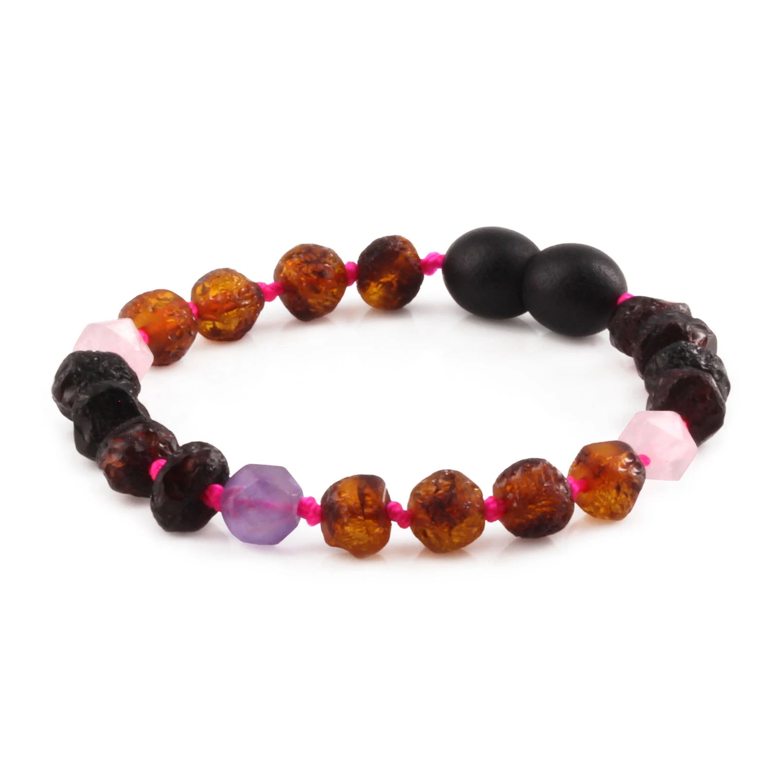 Baltic Amber Teething Bracelet with Amethyst & Rose Quartz. Baroque 6mm - LE561