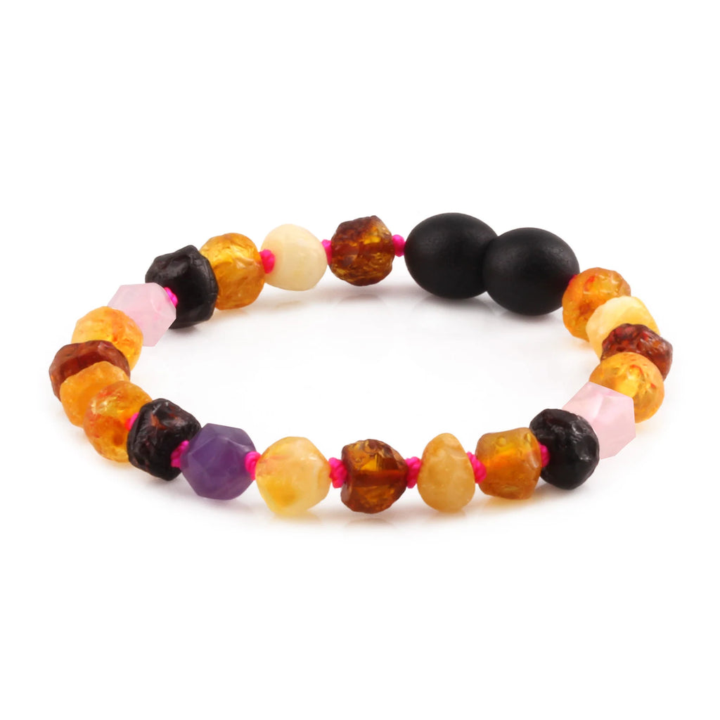 Baltic Amber Teething Bracelet with Amethyst & Rose Quartz. Baroque 6mm - LE560