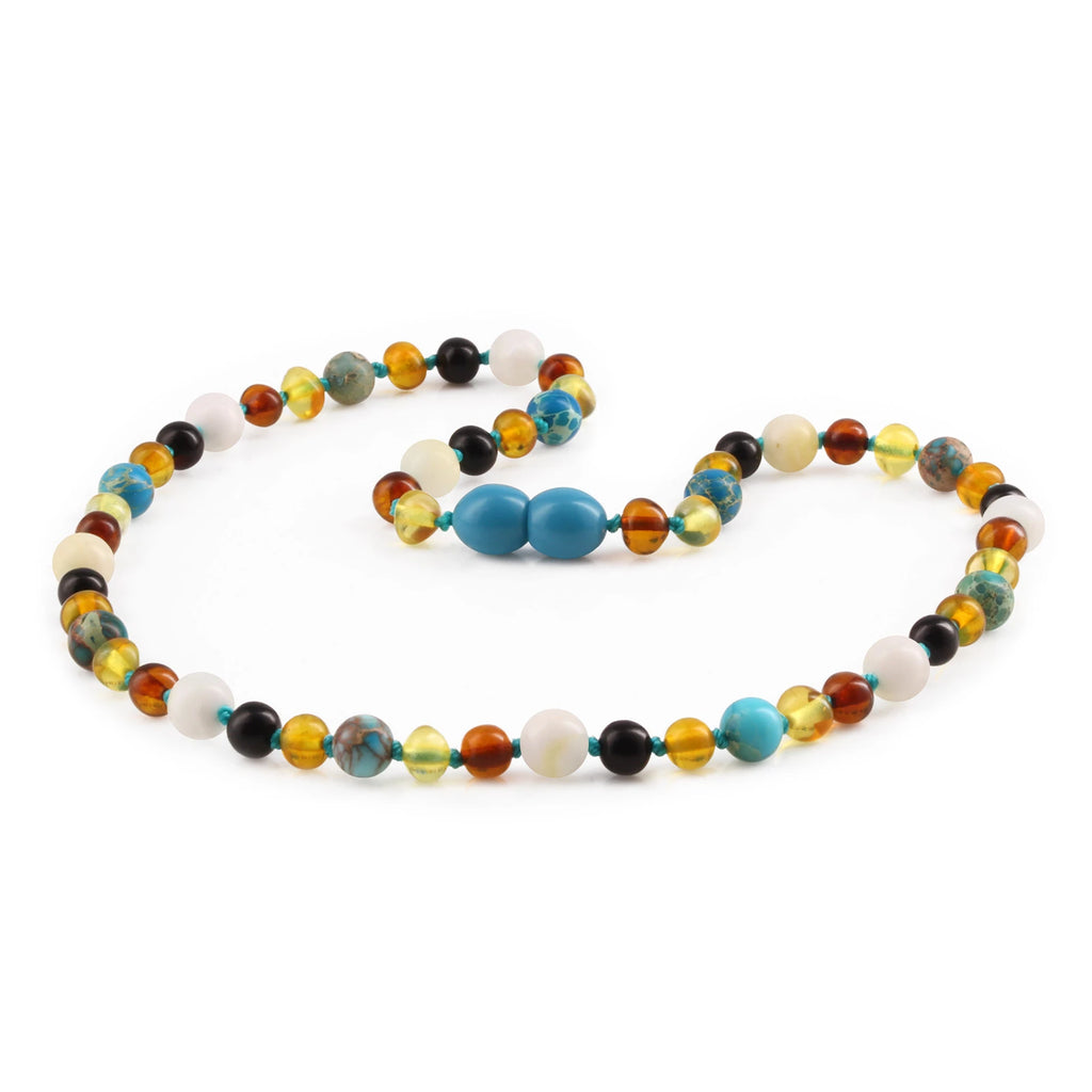 Natural Baltic Amber Junior Necklace with Lake Blue Imperial Jasper & Tridacna Shell. Baroque 5mm - JN96-T