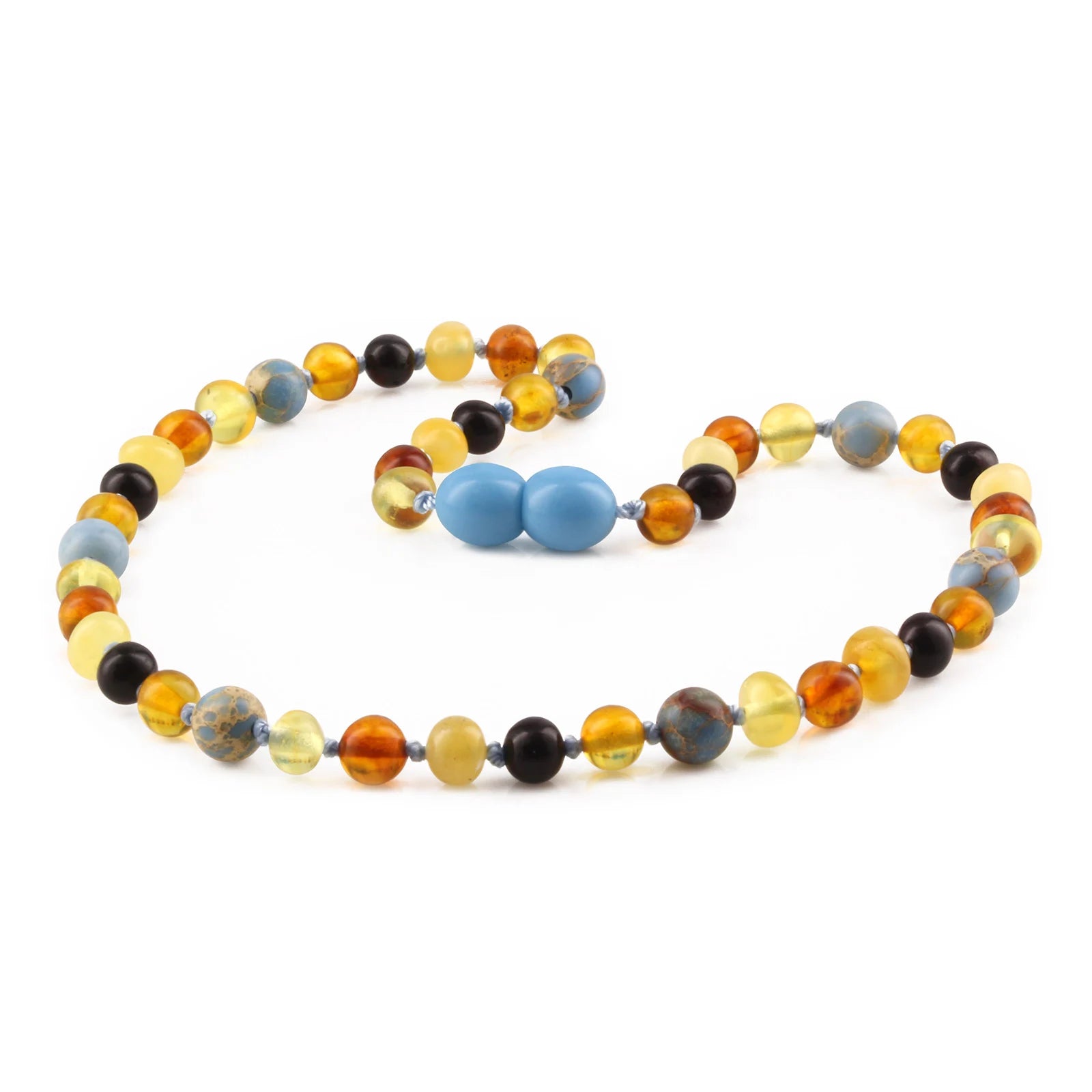 Baltic Amber Teething Necklace with Sky Blue Imperial Jasper. Baroque 5mm - LE466 V2