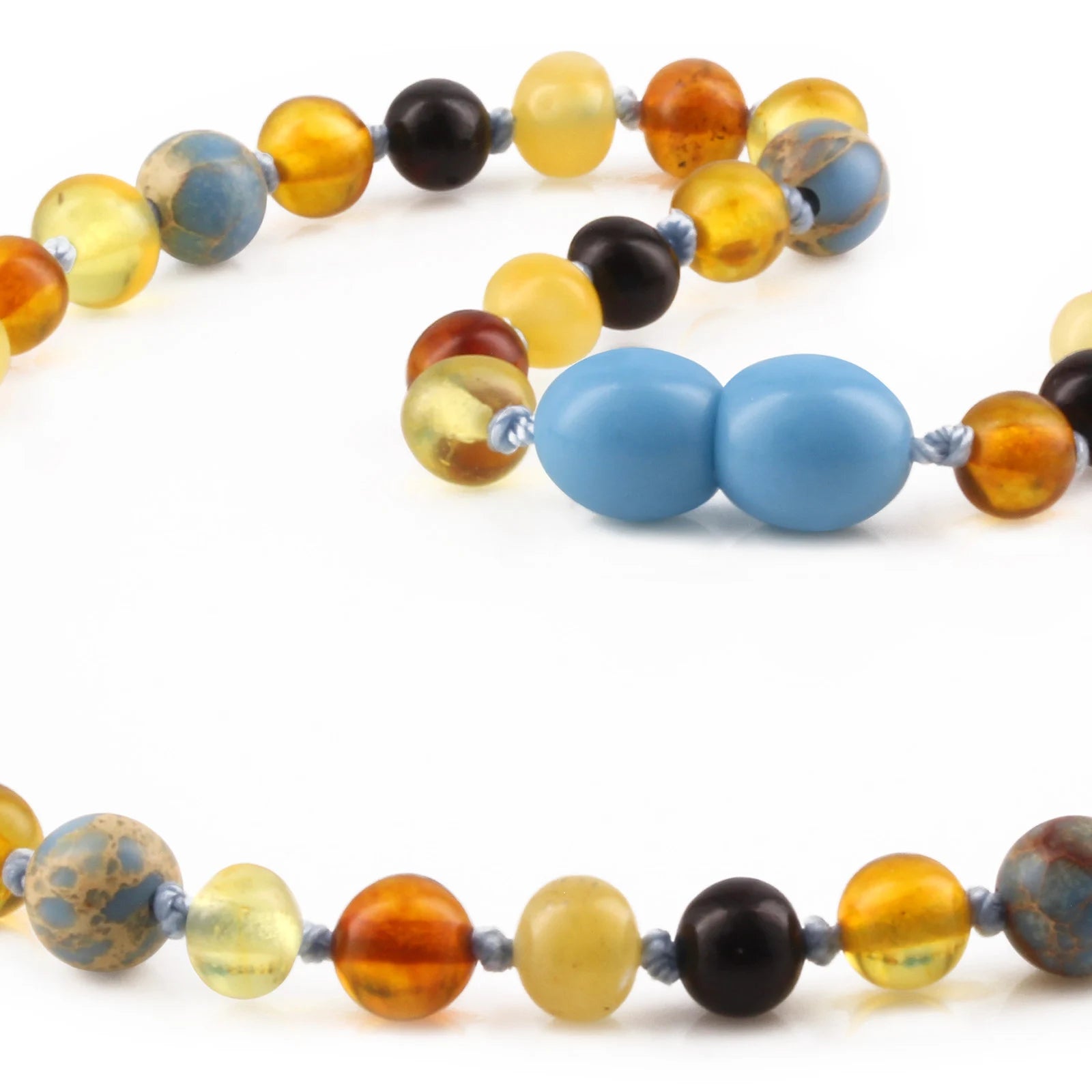 Baltic Amber Teething Necklace with Sky Blue Imperial Jasper. Baroque 5mm - LE466 V2