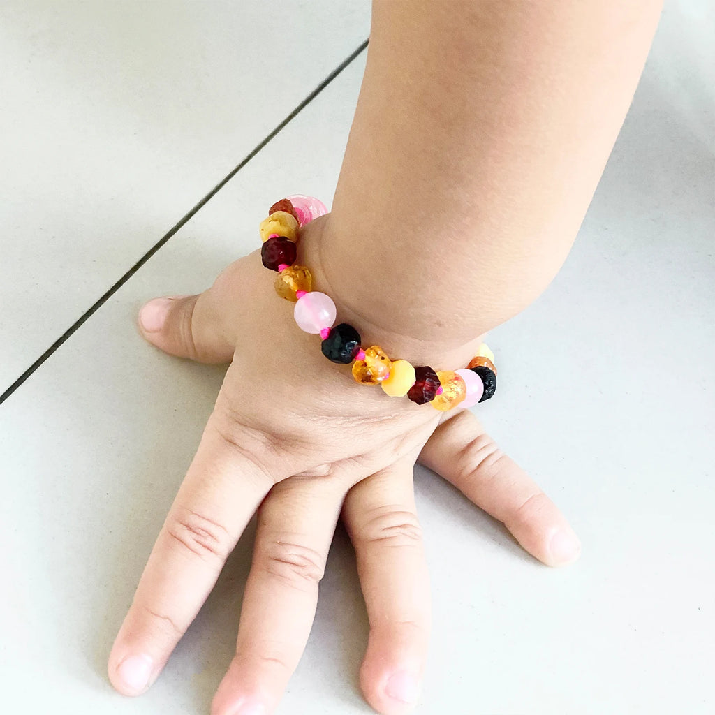 Baltic Amber Teething Bracelet with Rose Quartz. Baroque 5mm - LE553