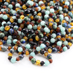 Natural Baltic Amber Junior Necklace with Sky Blue Jade & Azurite. Baroque 5mm - JN108