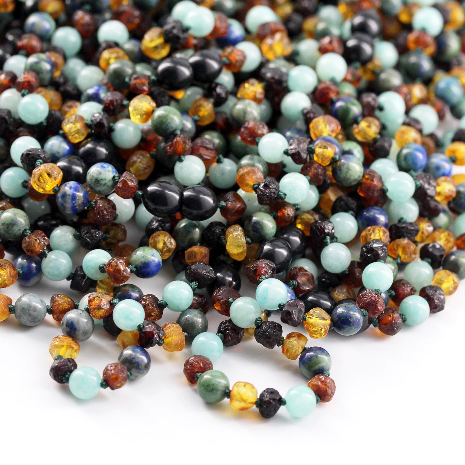 Natural Baltic Amber Junior Necklace with Sky Blue Jade & Azurite. Baroque 5mm - JN108