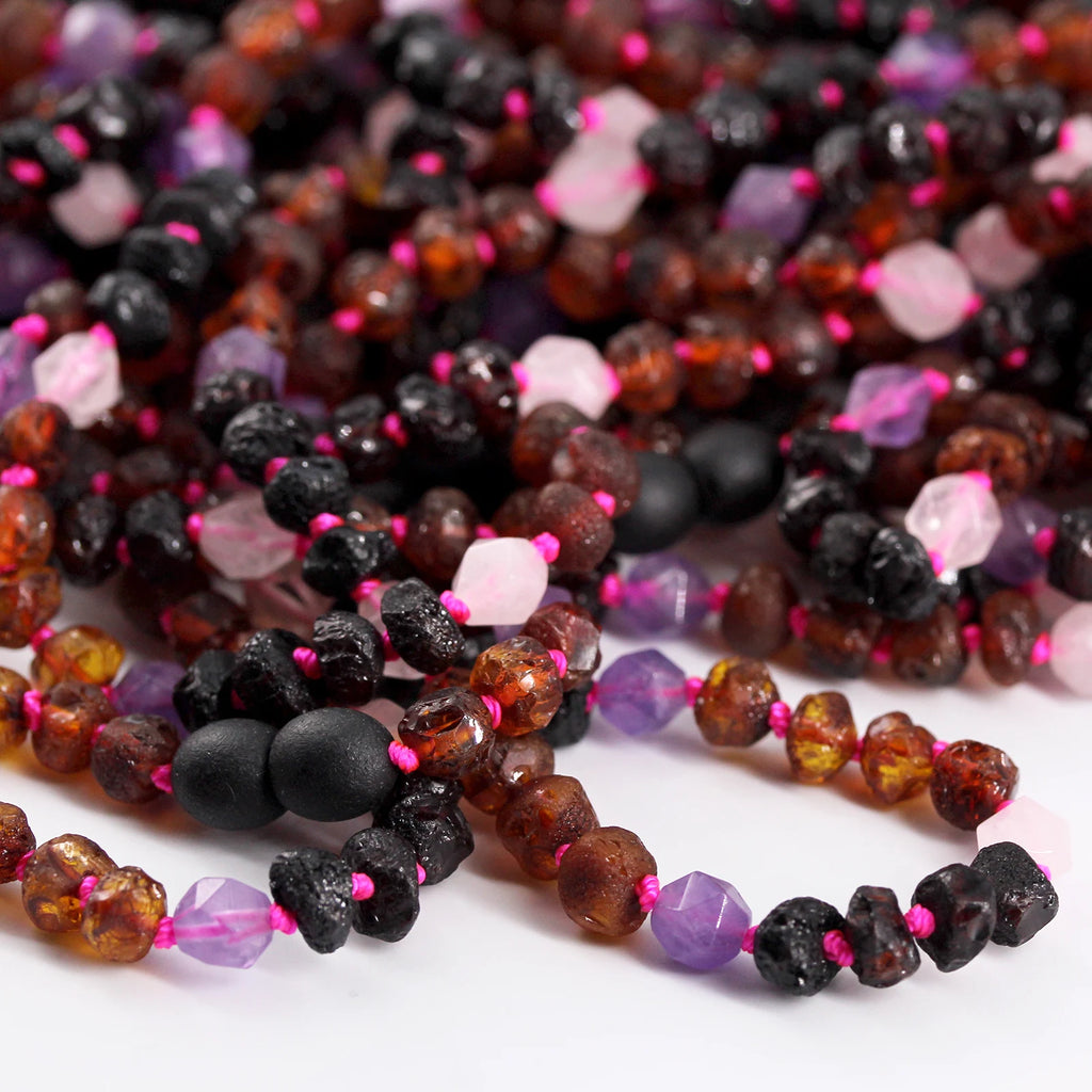 Natural Baltic Amber Junior Necklace with Amethyst & Rose Quartz. Baroque 6mm - JN110