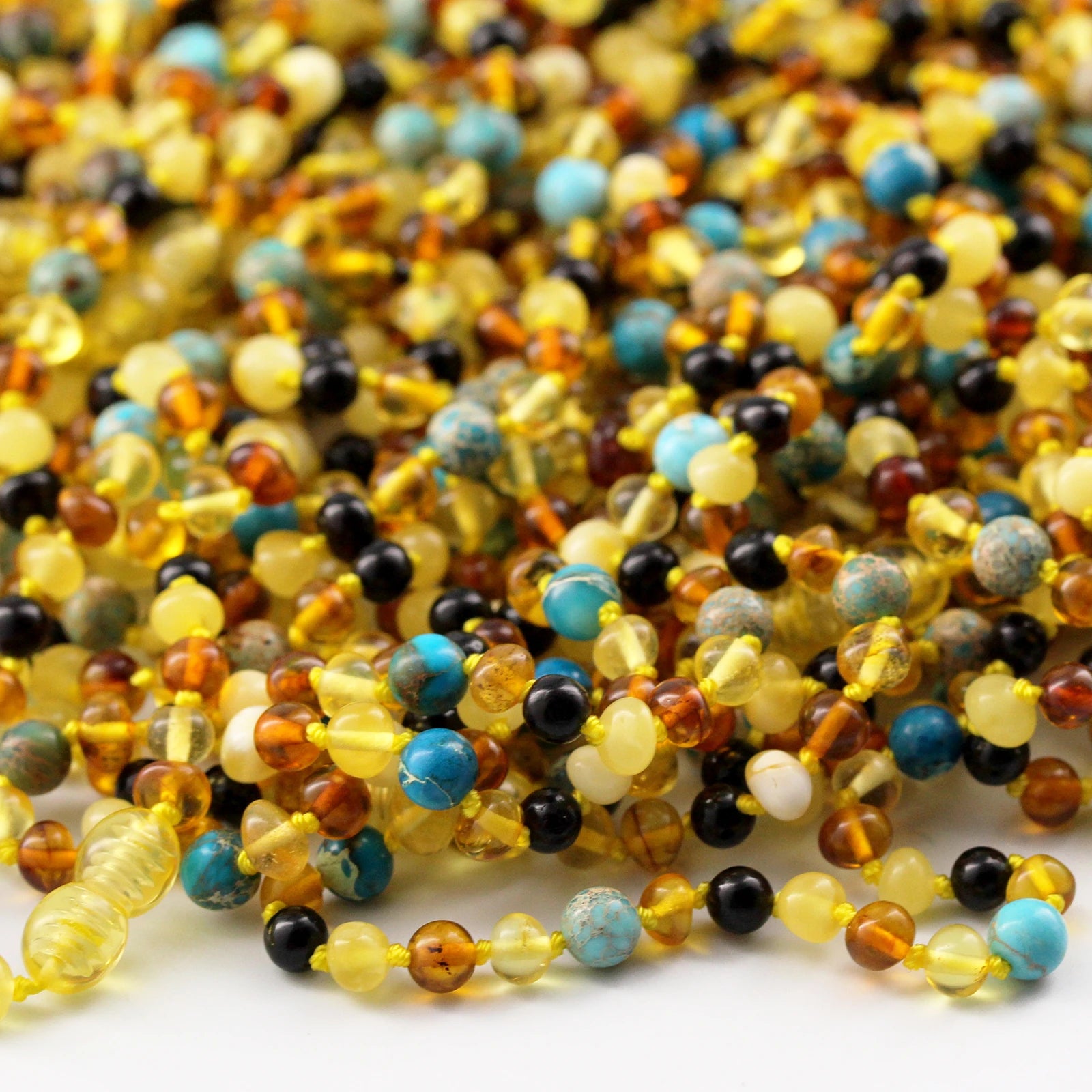 Natural Baltic Amber Junior Necklace with Lake Blue Imperial Jasper. Baroque 5mm - JN96