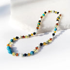 Natural Baltic Amber Junior Necklace with Lake Blue Imperial Jasper & Tridacna Shell. Baroque 5mm - JN96-T