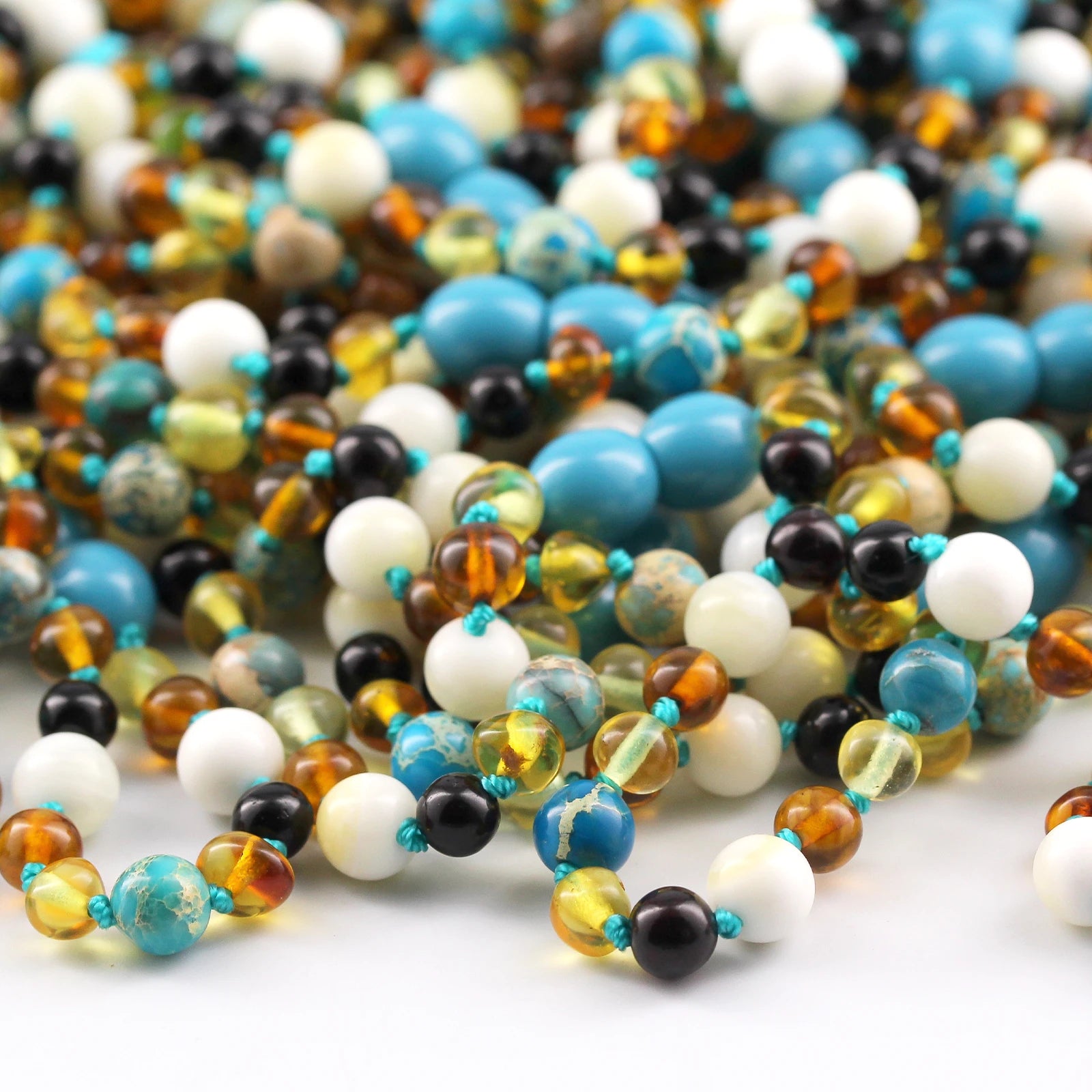 Natural Baltic Amber Junior Necklace with Lake Blue Imperial Jasper & Tridacna Shell. Baroque 5mm - JN96-T