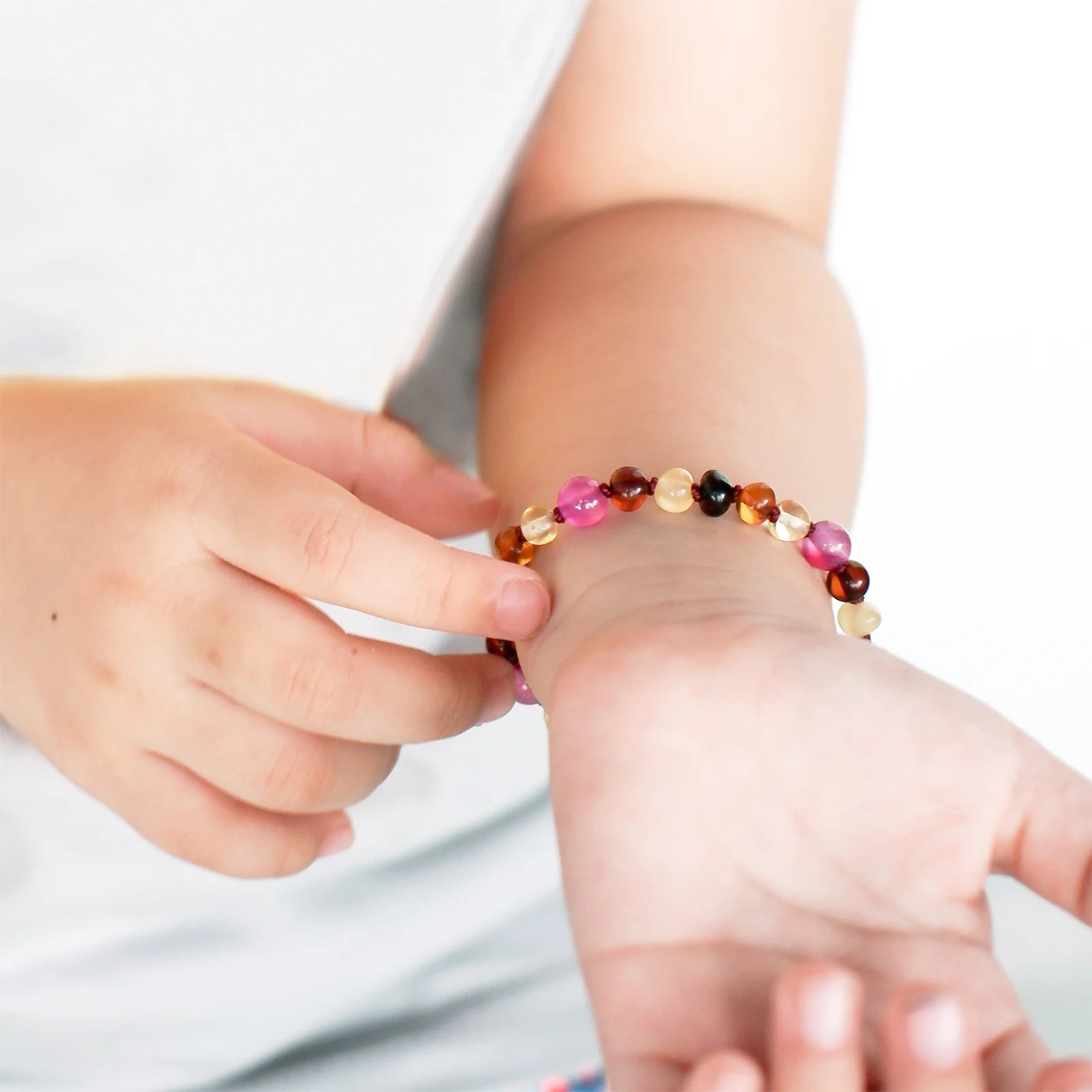 Baltic Amber Teething Bracelet with Pink Lace Agate. Baroque 5mm - LE458