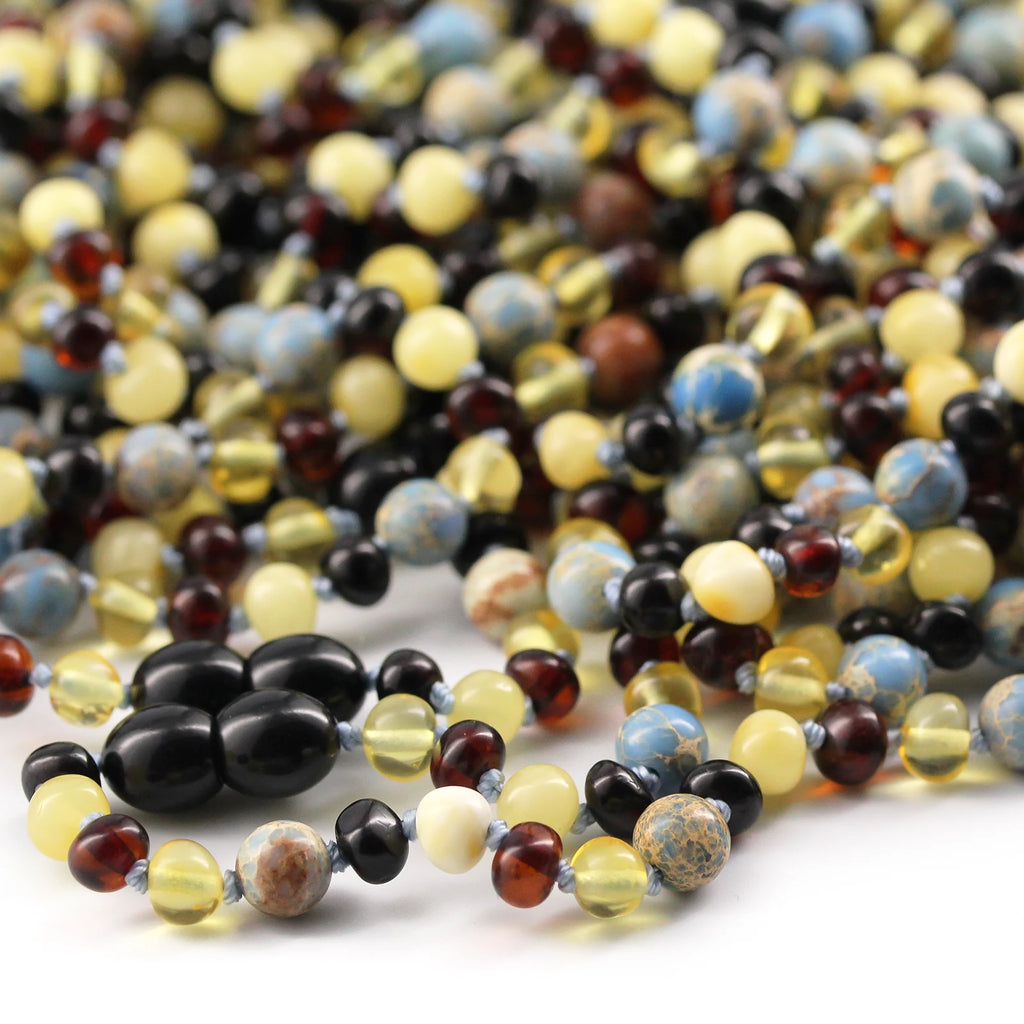 Baltic Amber Teething Necklace with Sky Blue Imperial Jasper. Baroque 5mm - LE466