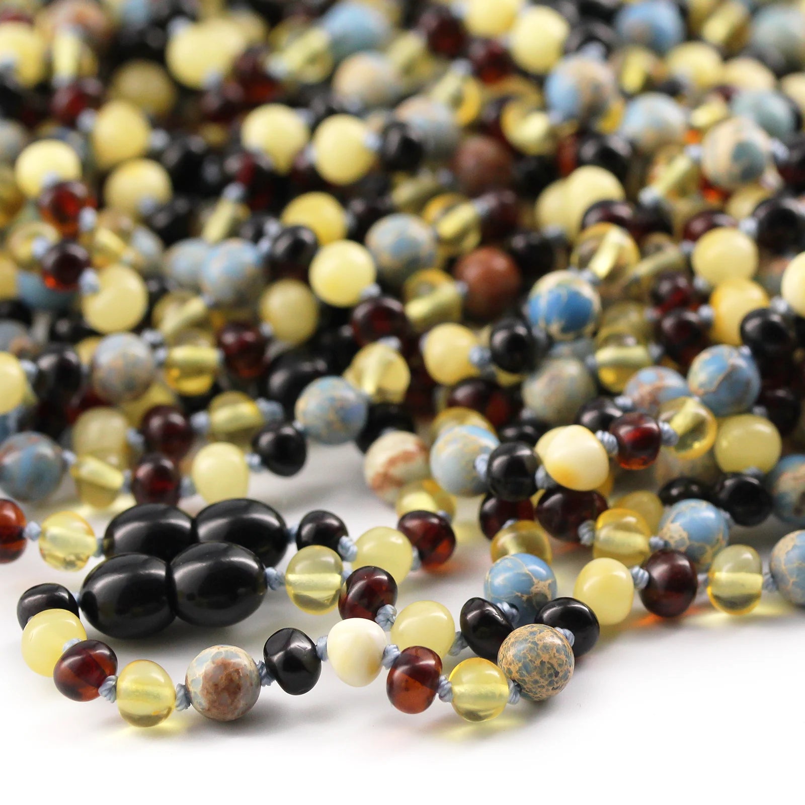 Baltic Amber Teething Necklace with Sky Blue Imperial Jasper. Baroque 5mm - LE466