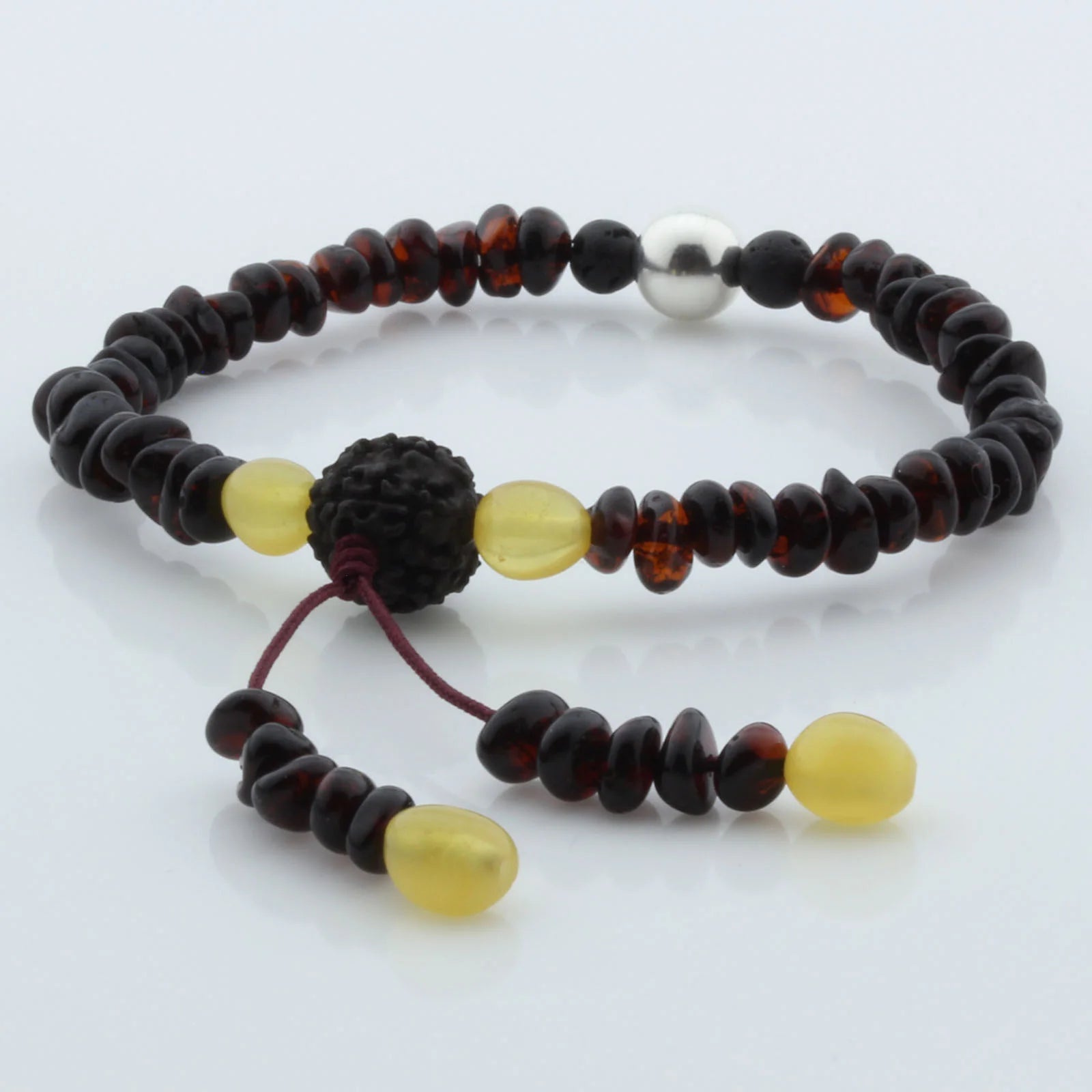 Adult Baltic Amber Bracelet with Lava Stone Mala Tassel. MS08