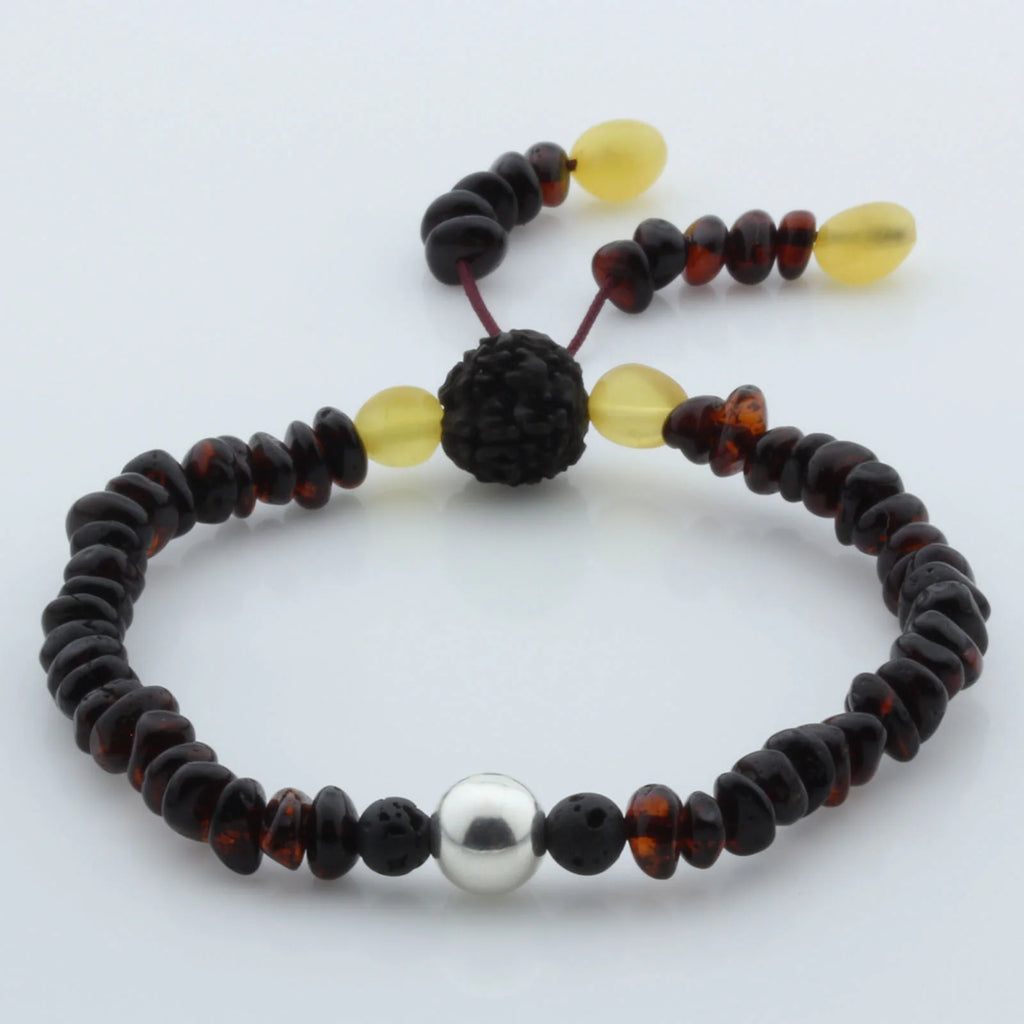 Adult Baltic Amber Bracelet with Lava Stone Mala Tassel. MS08