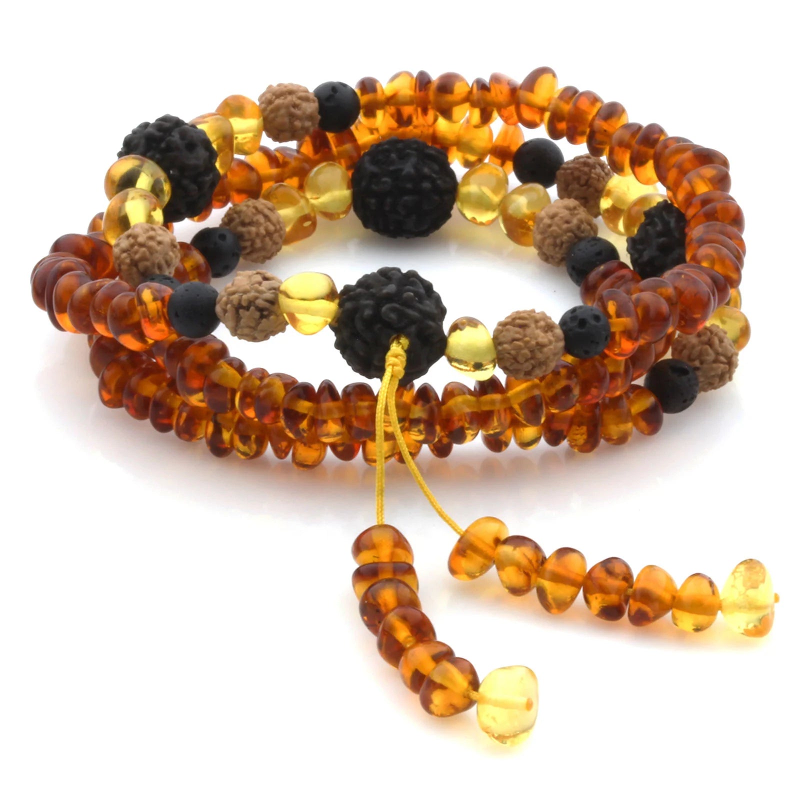 Adult Baltic Amber Bracelet with Lava Stone Mala Tassel. MT04