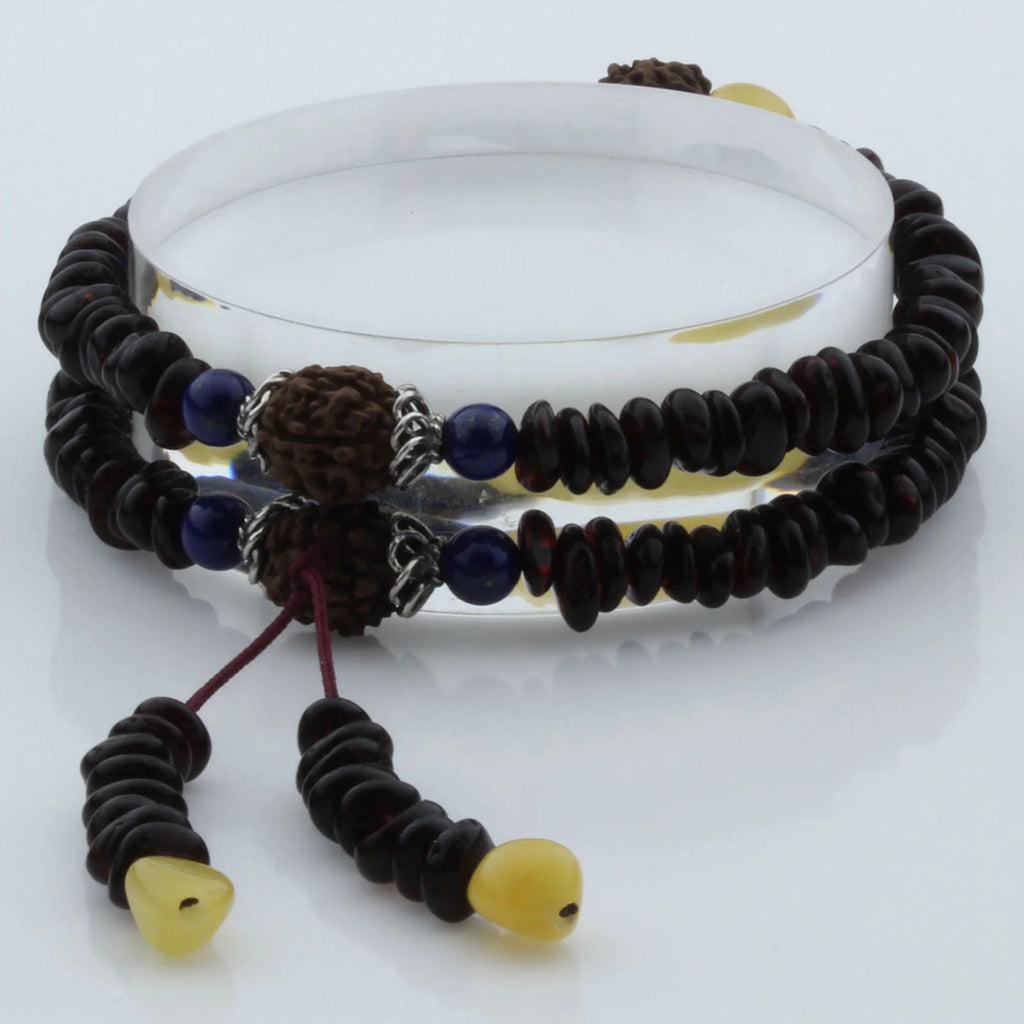 Adult Baltic Amber Bracelet with Lapis Lazuli Mala Tassel. MD04