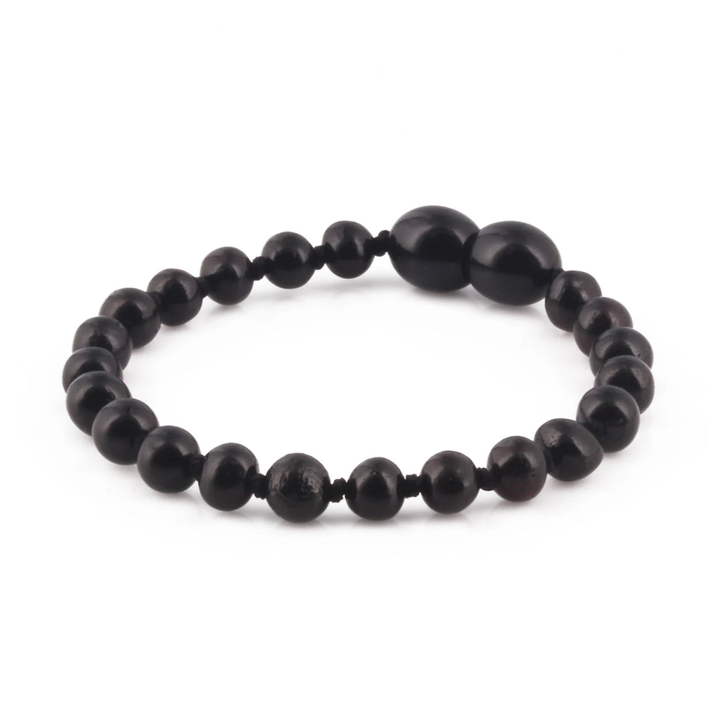 Baltic Amber Teething Bracelet. Baroque Black 5mm - XB54B