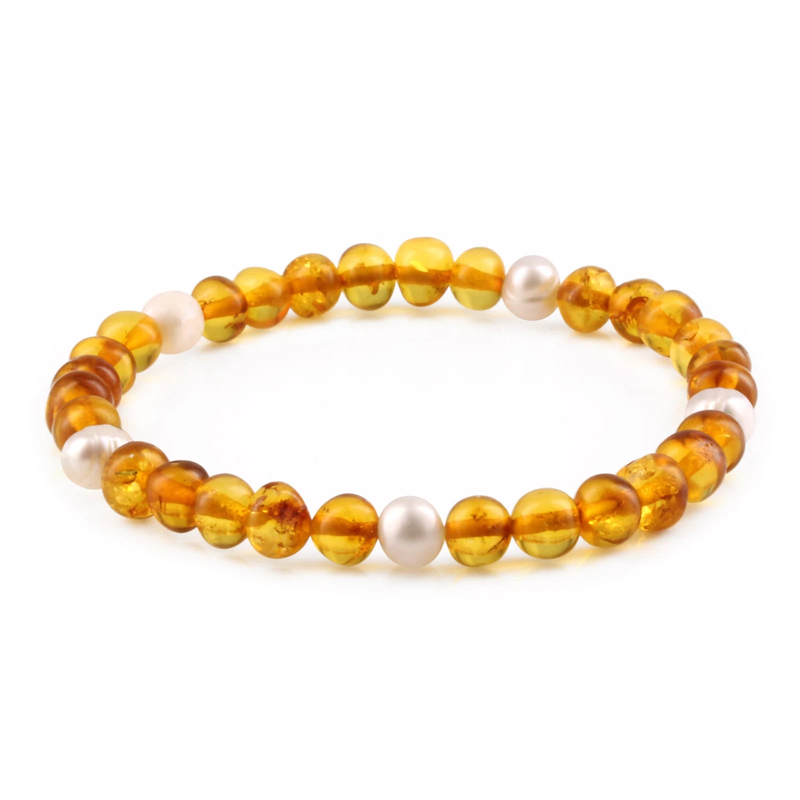 Natural Baltic Amber Adult Bracelet with Freshwater Pearl. Baroque 6mm - P1