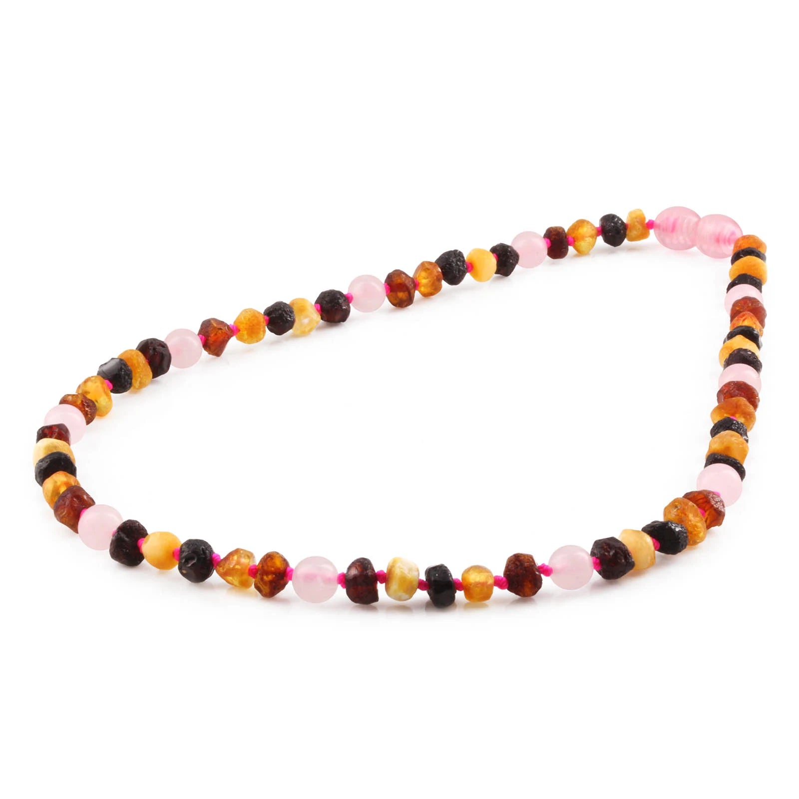 Natural Baltic Amber Junior Necklace with Rose Quartz. Baroque 5mm - JN92