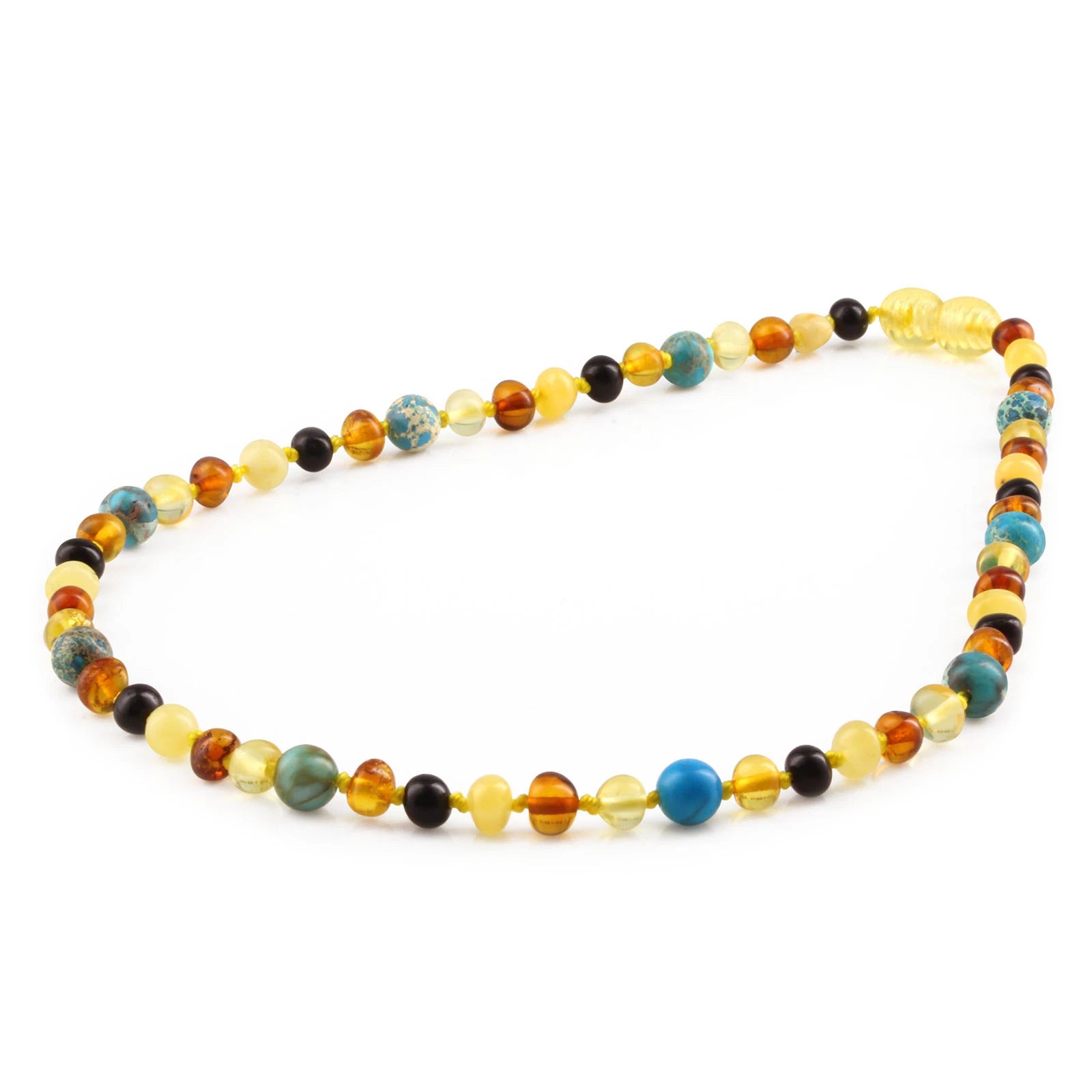 Natural Baltic Amber Junior Necklace with Lake Blue Imperial Jasper. Baroque 5mm - JN96