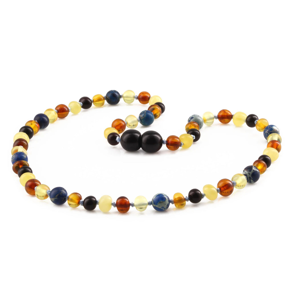 Natural Baltic Amber Junior Necklace with Deep Blue Imperial Jasper. Baroque 5mm - JN101