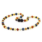 Natural Baltic Amber Junior Necklace with Deep Blue Imperial Jasper. Baroque 5mm - JN101