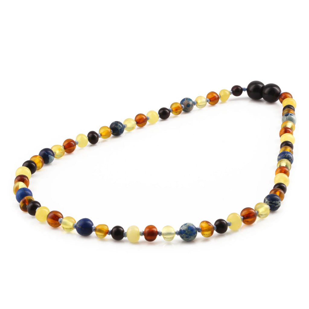 Natural Baltic Amber Junior Necklace with Deep Blue Imperial Jasper. Baroque 5mm - JN101