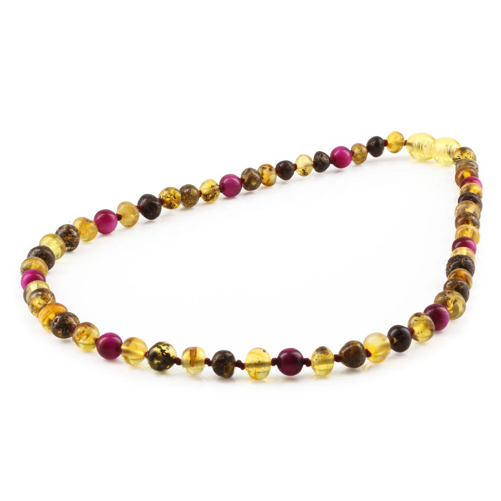 Natural Baltic Amber Junior Necklace with Magenta Tiger Eye. Baroque 5mm - JN102