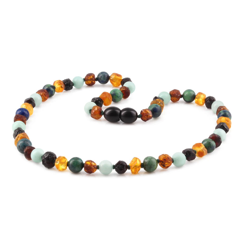 Natural Baltic Amber Junior Necklace with Sky Blue Jade & Azurite. Baroque 5mm - JN108