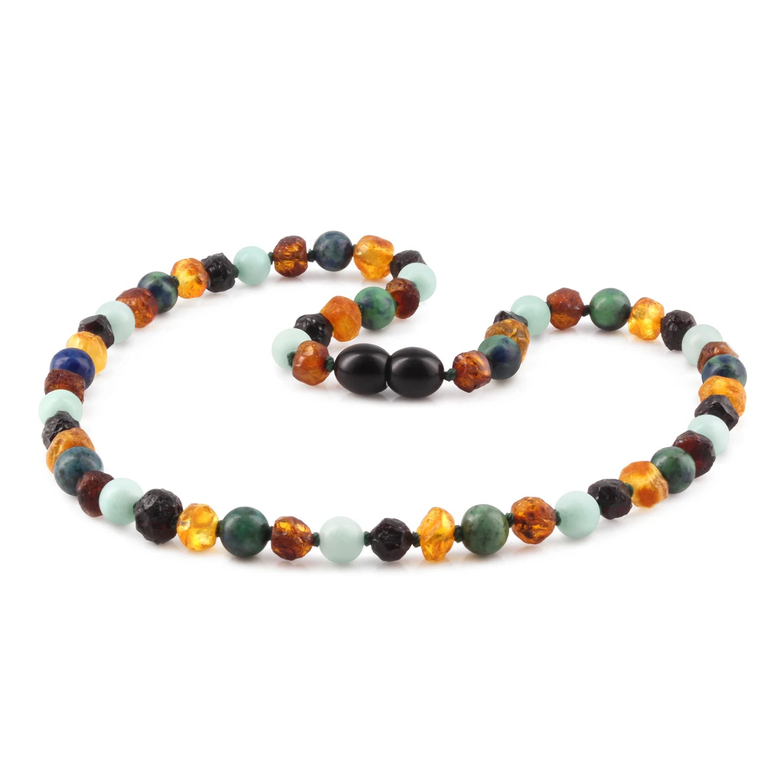Natural Baltic Amber Junior Necklace with Sky Blue Jade & Azurite. Baroque 5mm - JN108