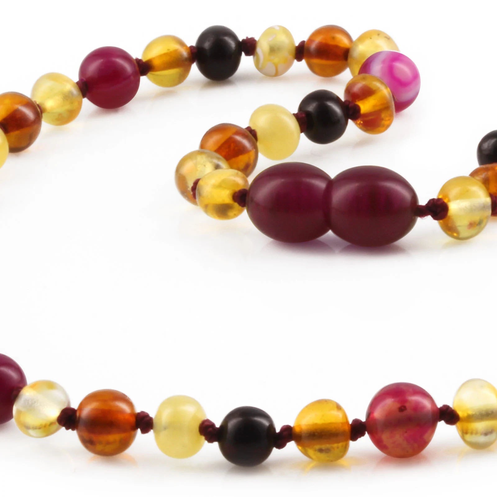 Baltic Amber Teething Necklace with Pink Lace Agate. Baroque 5mm - LE458