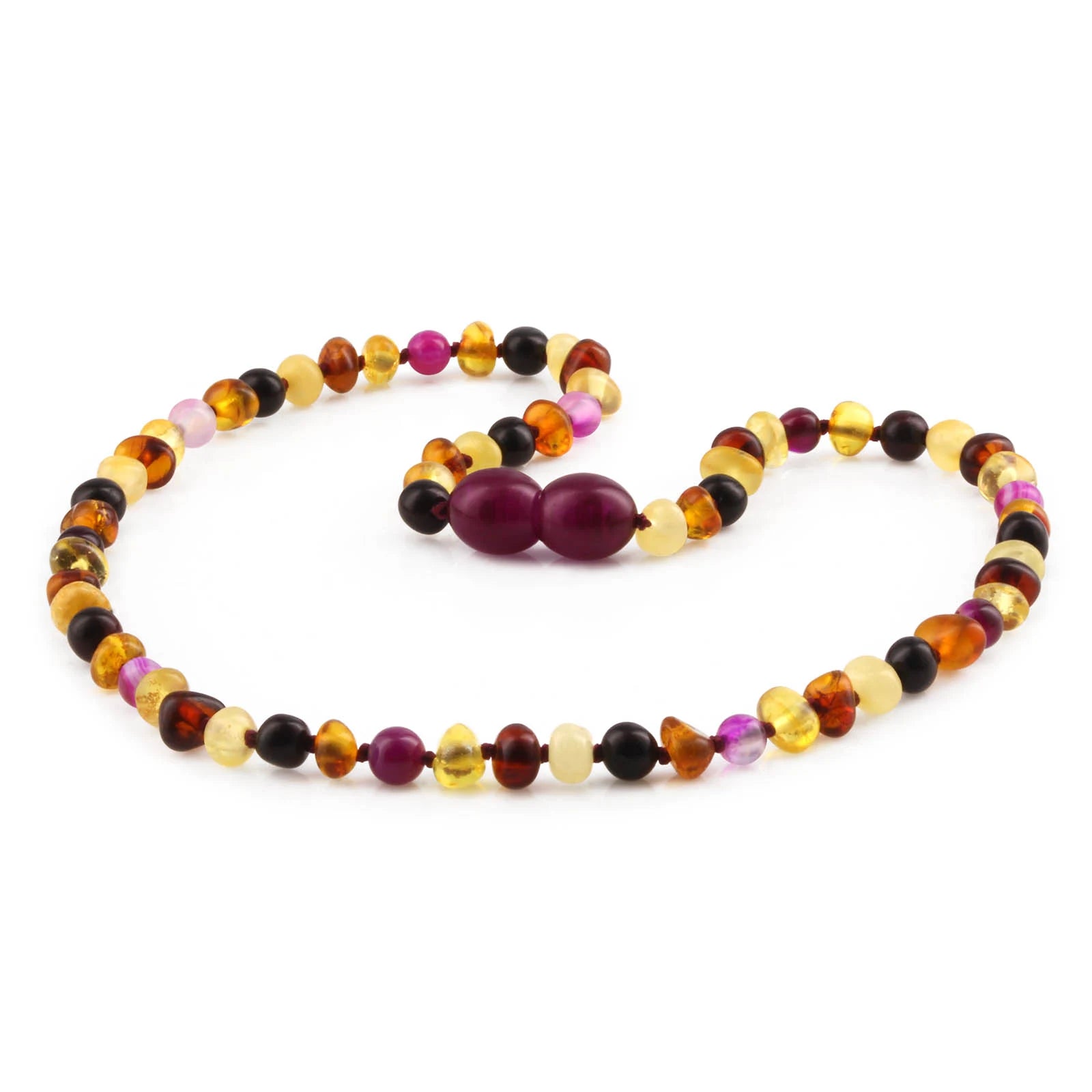 Baltic Amber Teething Necklace with Pink Lace Agate. Baroque 4mm - LE458-S