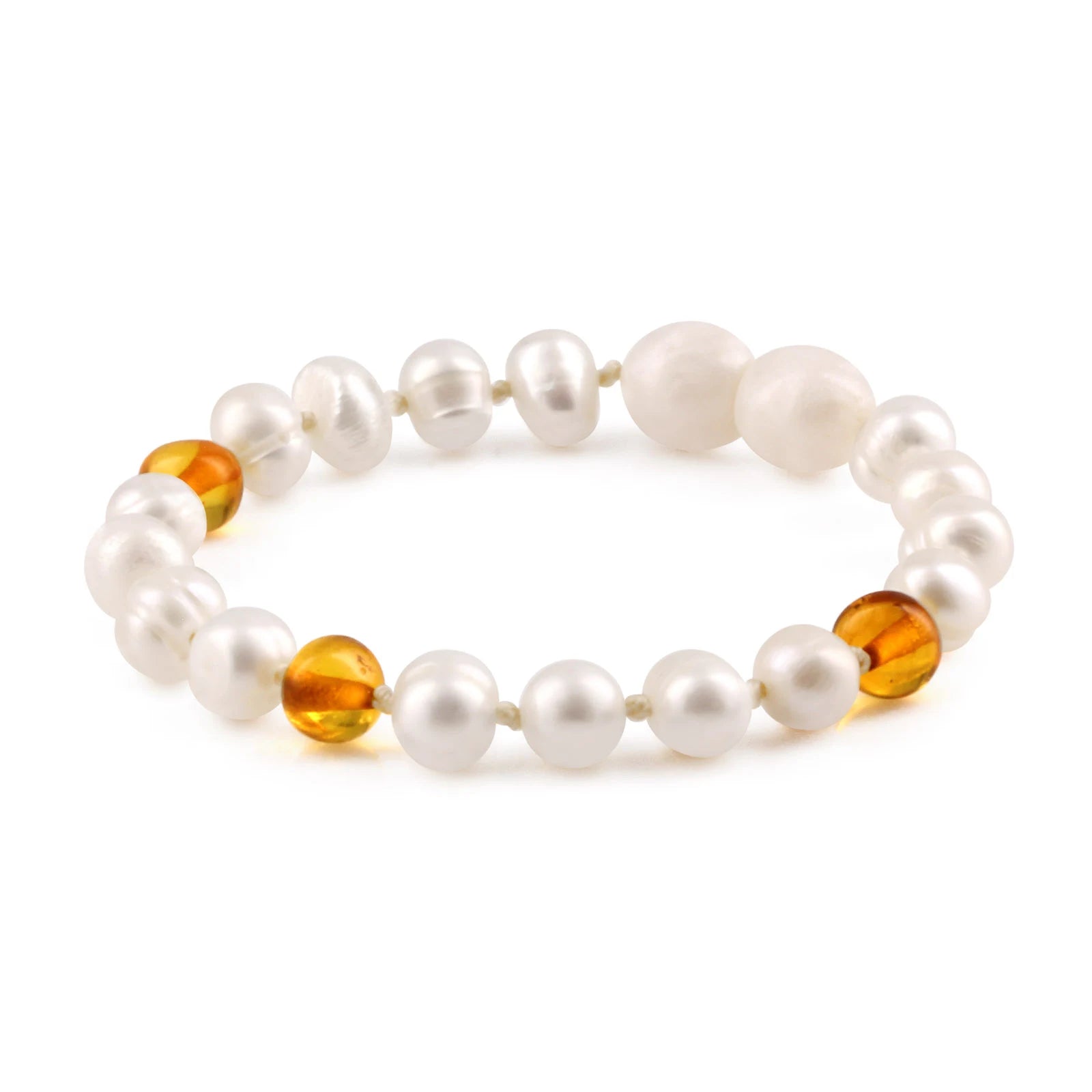 White Freshwater Pearl Kids Bracelet with Baltic Amber 6mm - P2