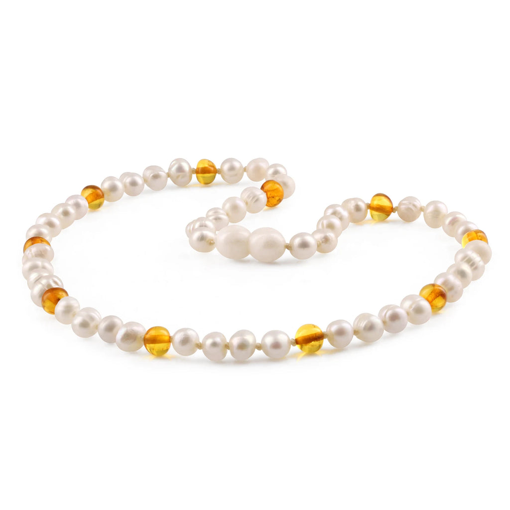 White Freshwater Pearl Junior Necklace with Baltic Amber 6mm - P2