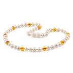 White Freshwater Pearl Junior Necklace with Baltic Amber 6mm - P2