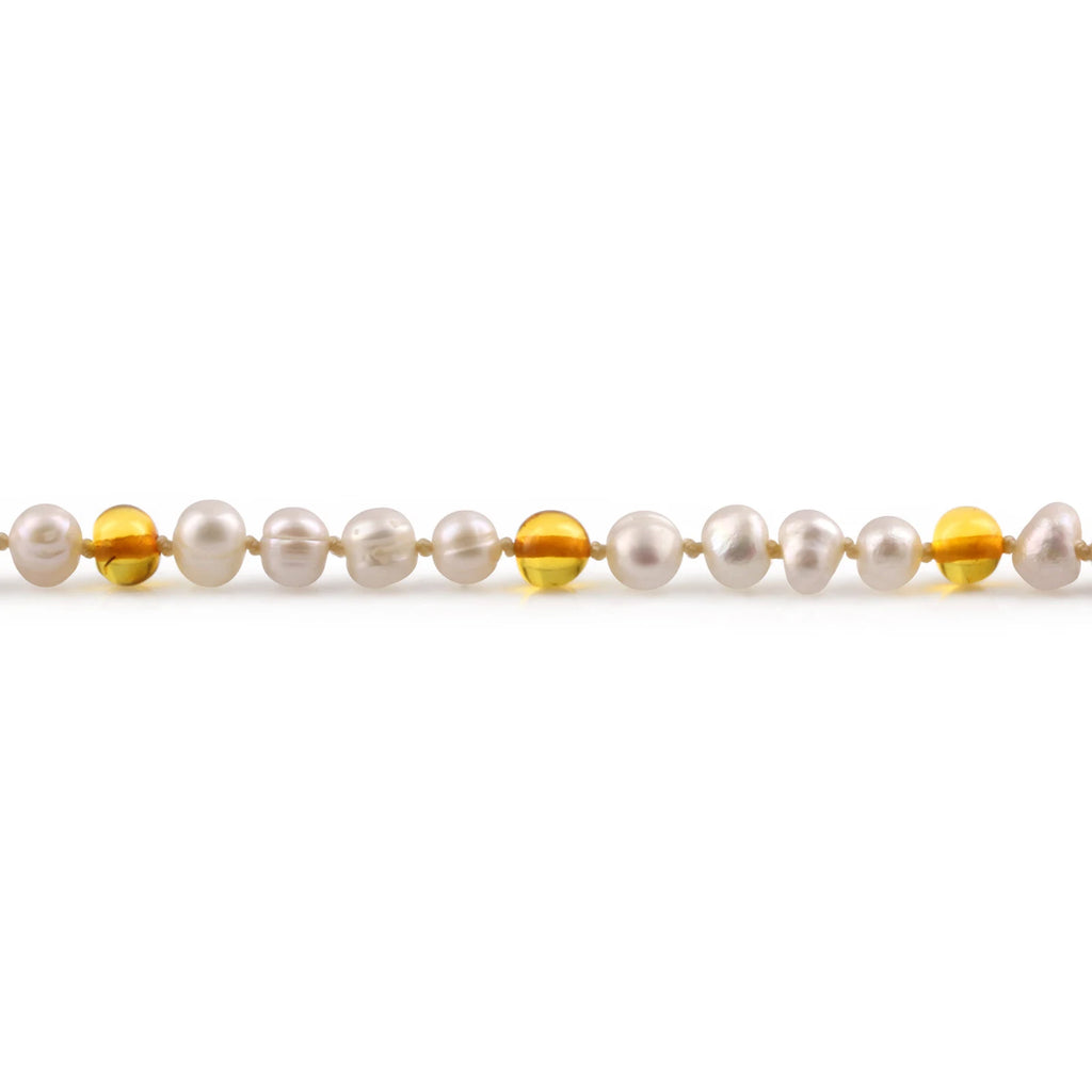 White Freshwater Pearl Junior Necklace with Baltic Amber 6mm - P2