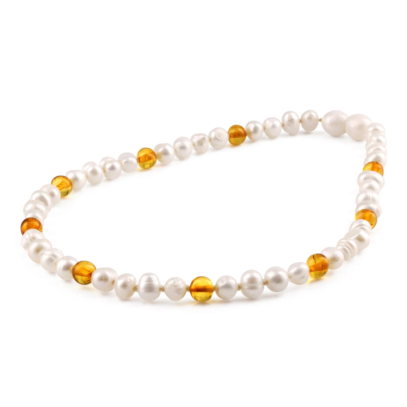 White Freshwater Pearl Kids Necklace with Baltic Amber 6mm - P2