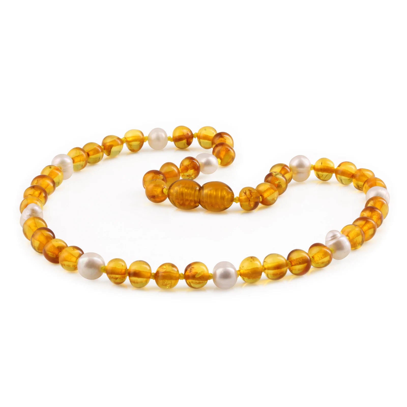 Baltic Amber Teething Necklace with Freshwater Pearl. Baroque 6mm - P1