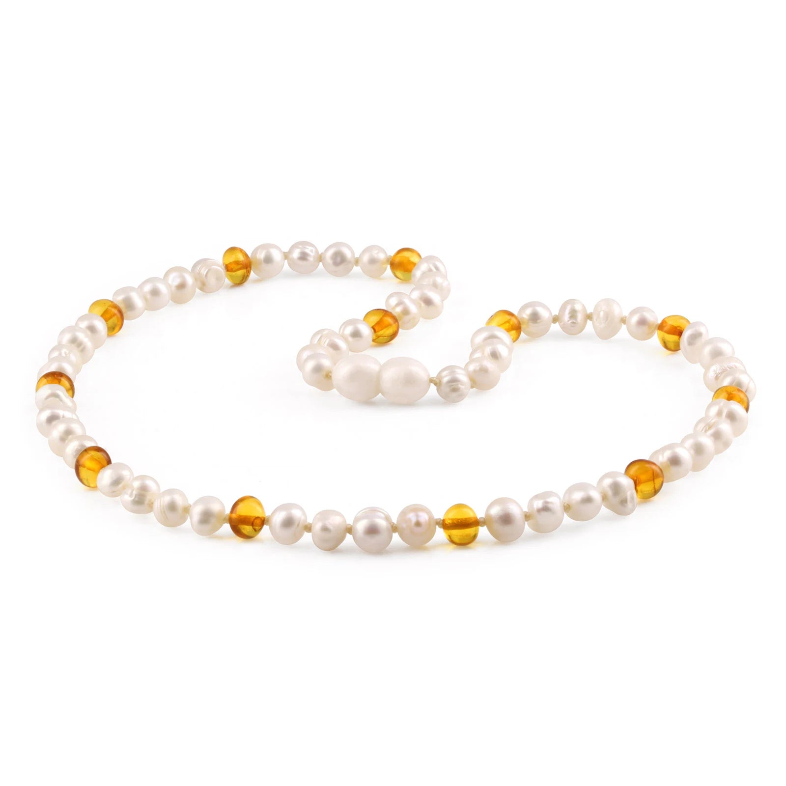 White Freshwater Pearl Adult Necklace with Baltic Amber 6mm - P2