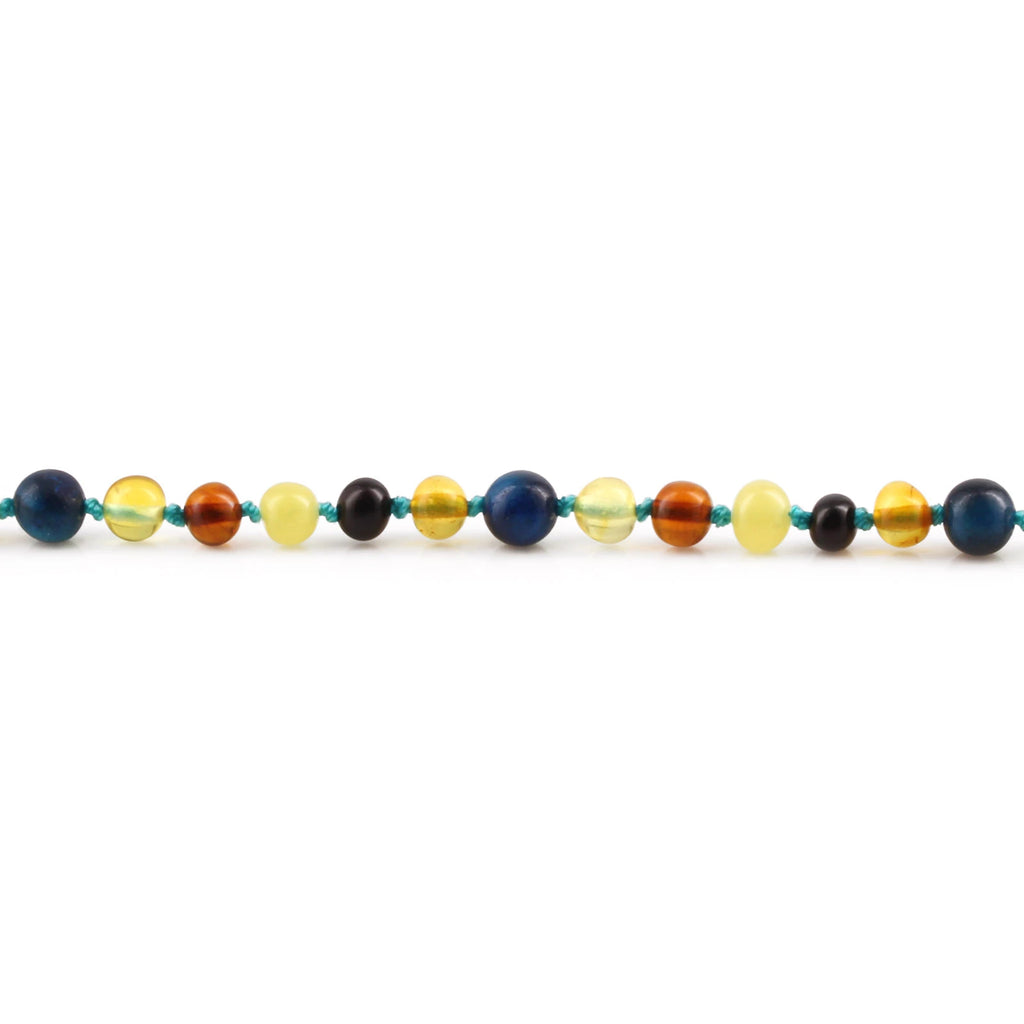Natural Baltic Amber Junior Necklace with Blue Tiger Eye. Baroque 5mm - JN93