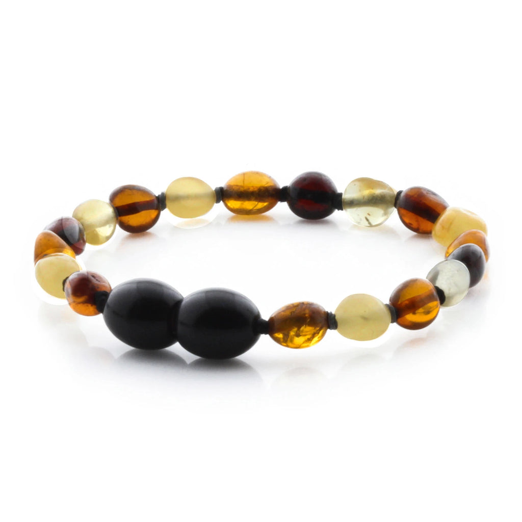 Baltic Amber Teething Bracelet. Olive Multicolor Glossy 5mm - OL58