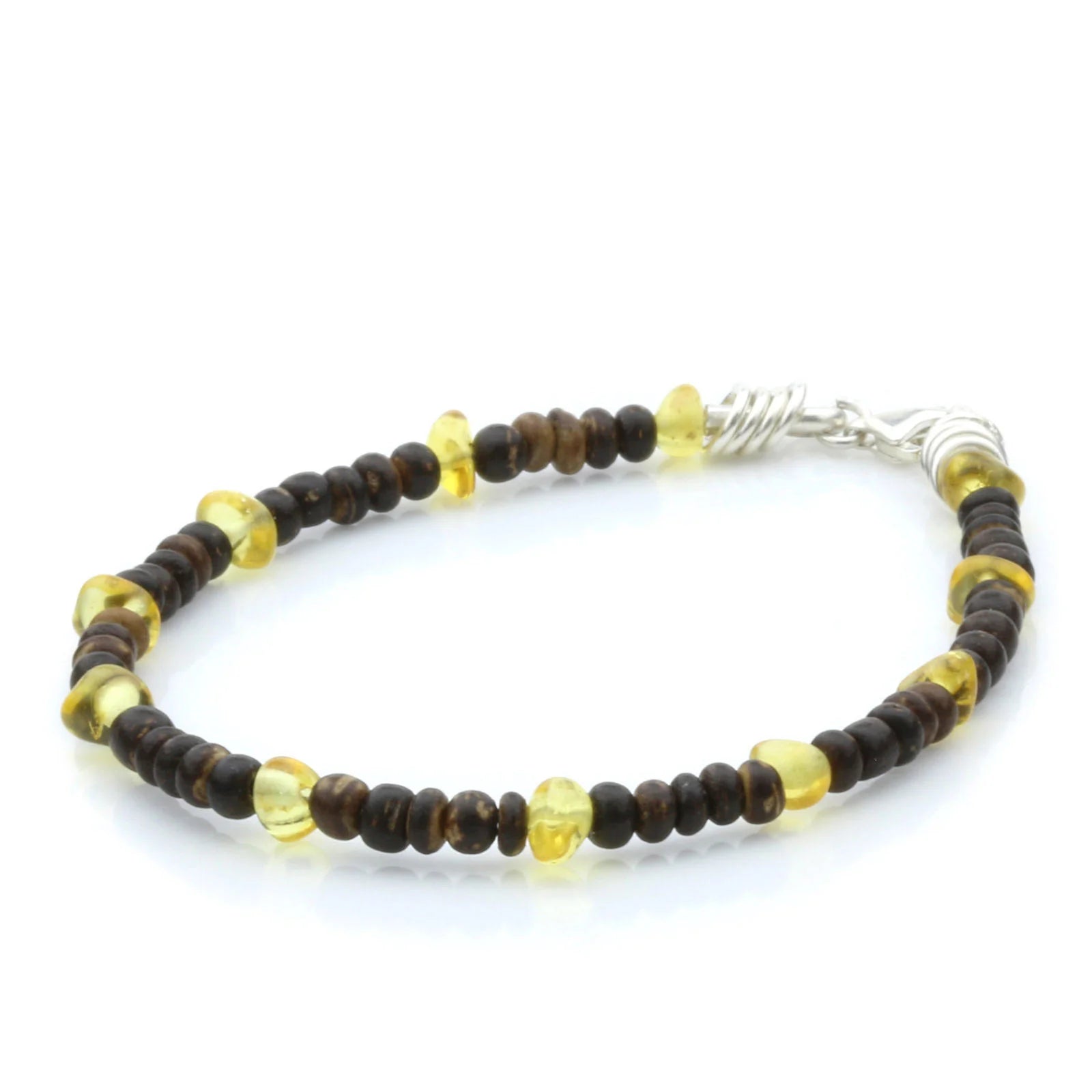 COCONUT WOOD & BALTIC AMBER 925 STERLING SILVER BRACELET. SPT08