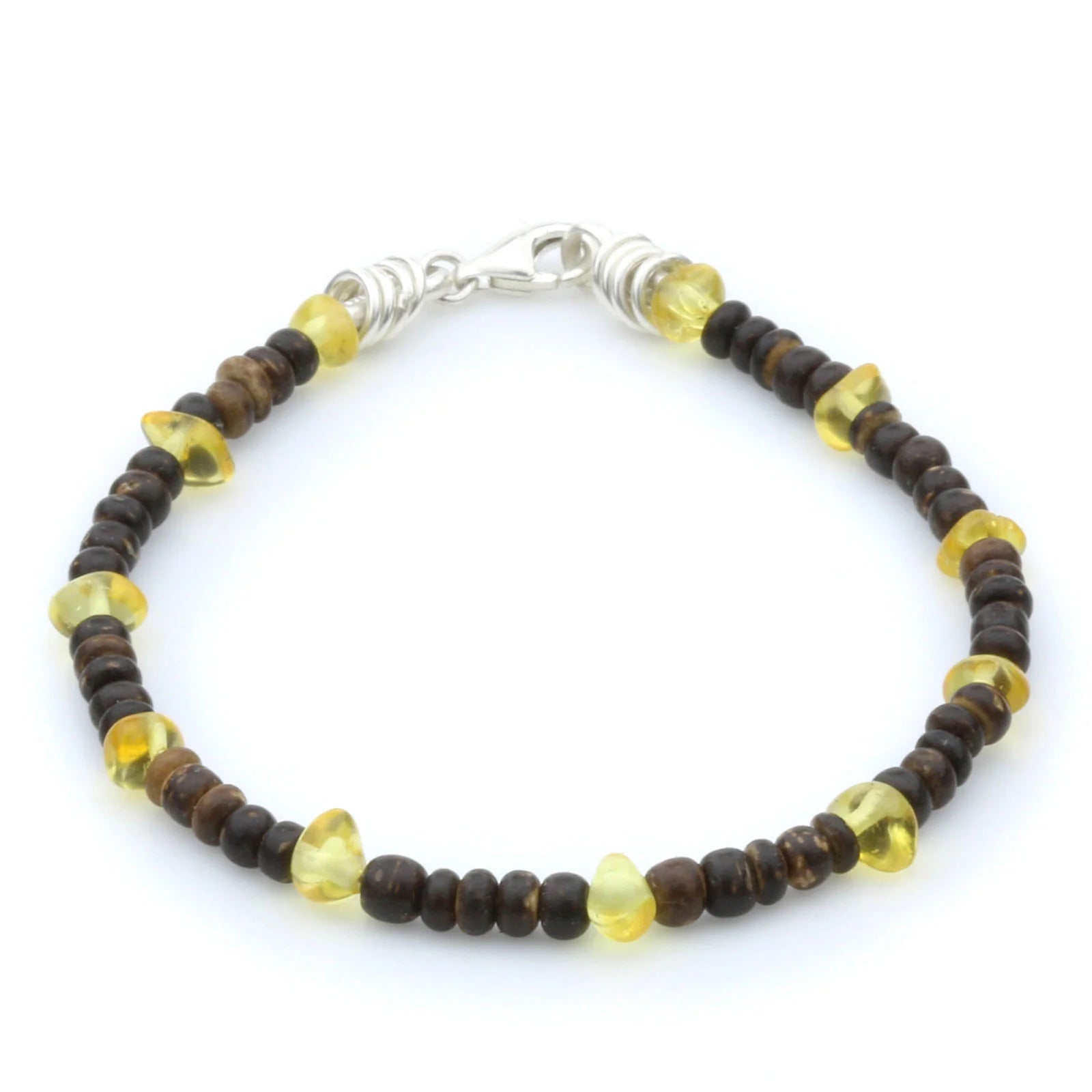 COCONUT WOOD & BALTIC AMBER 925 STERLING SILVER BRACELET. SPT08