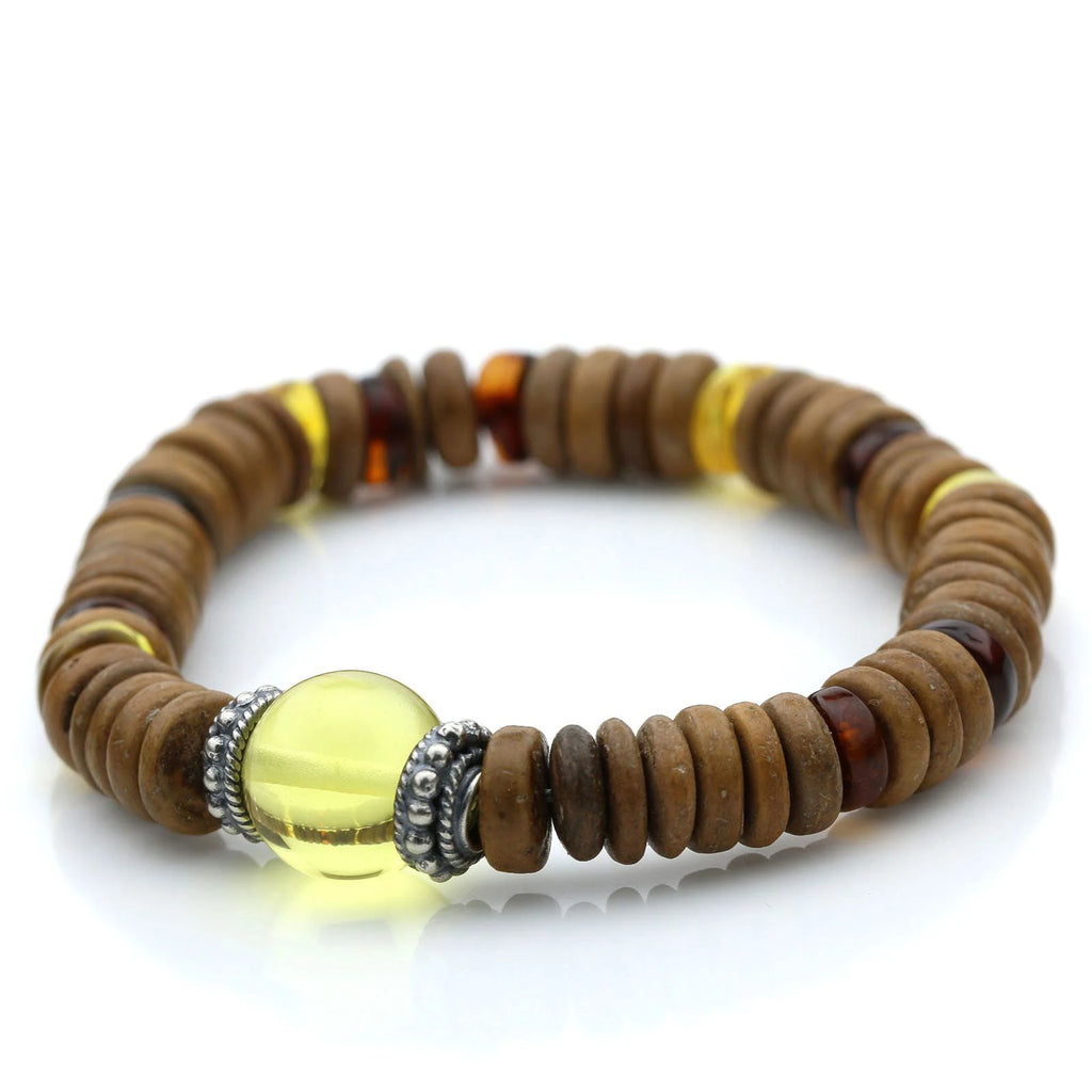 NATURAL BALTIC AMBER WOOD 925 STERLING SILVER BRACELET. SPT11