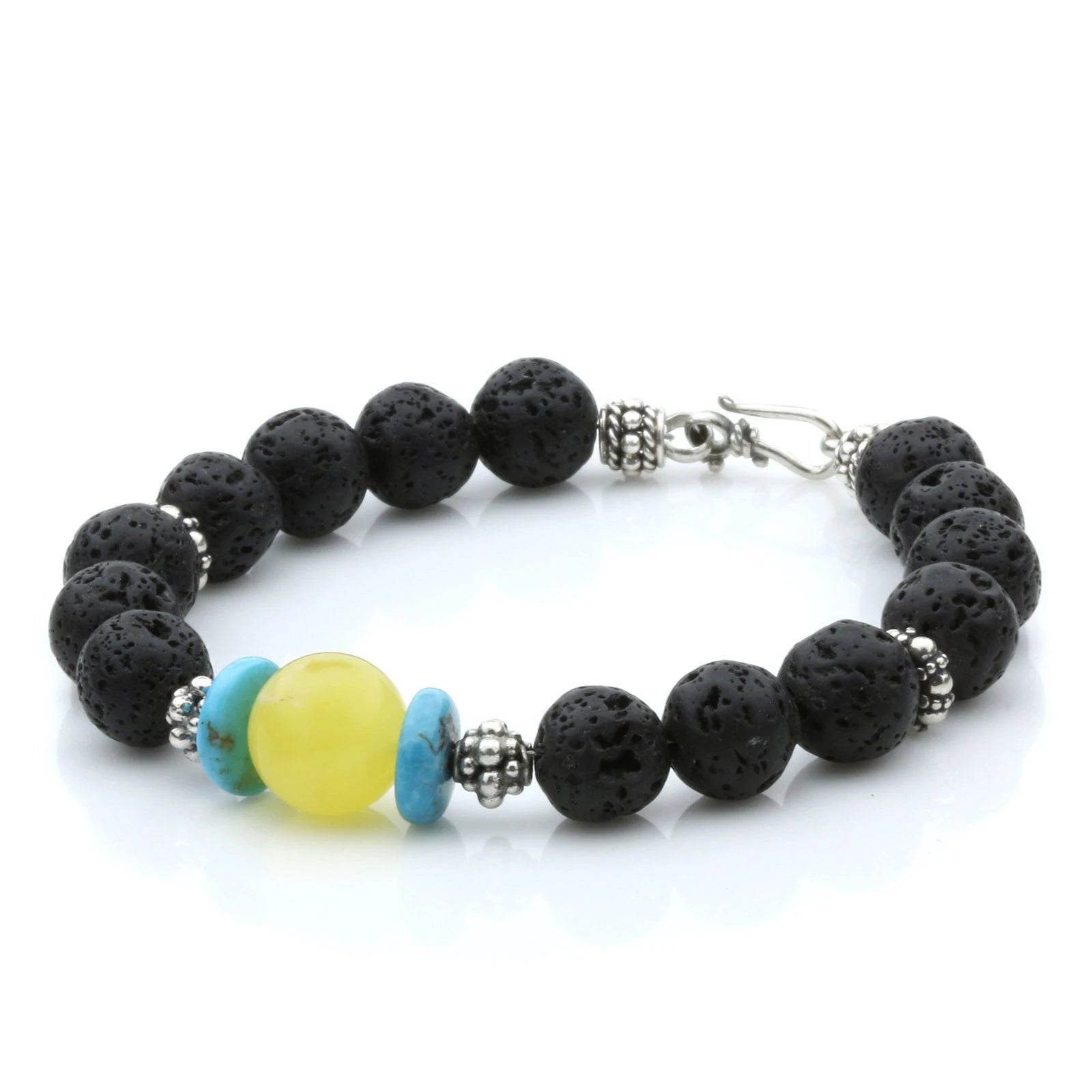 NATURAL BALTIC AMBER LAVA STONE & TURQUOISE 925 STERLING SILVER BRACELET. SPT12