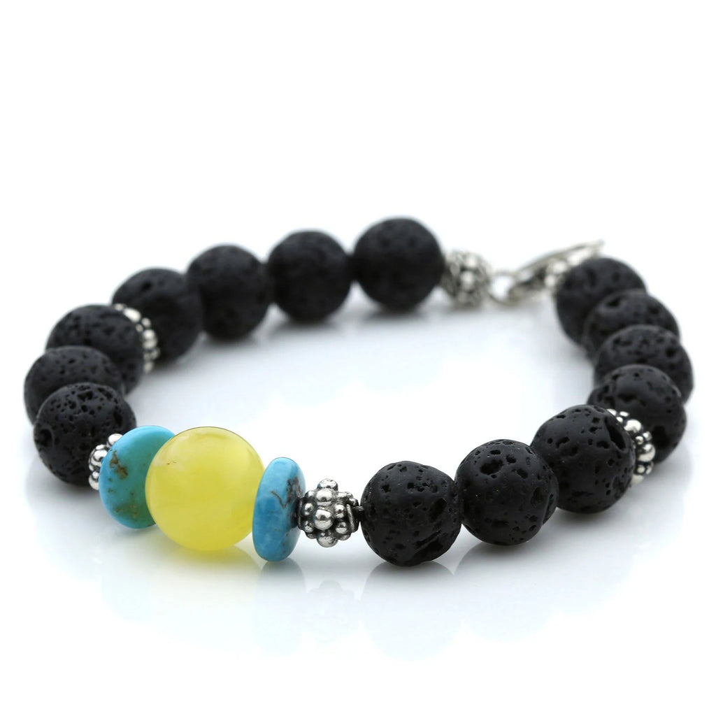 NATURAL BALTIC AMBER LAVA STONE & TURQUOISE 925 STERLING SILVER BRACELET. SPT12