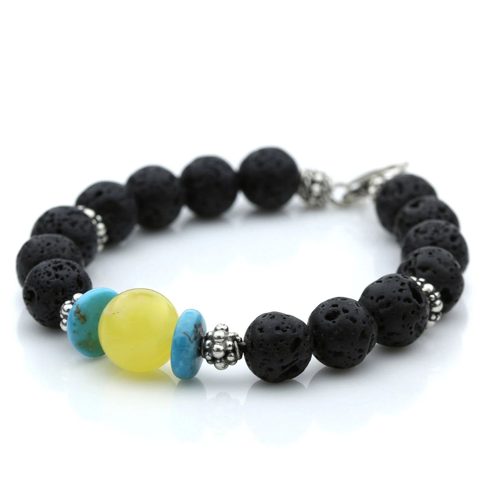 NATURAL BALTIC AMBER LAVA STONE & TURQUOISE 925 STERLING SILVER BRACELET. SPT12