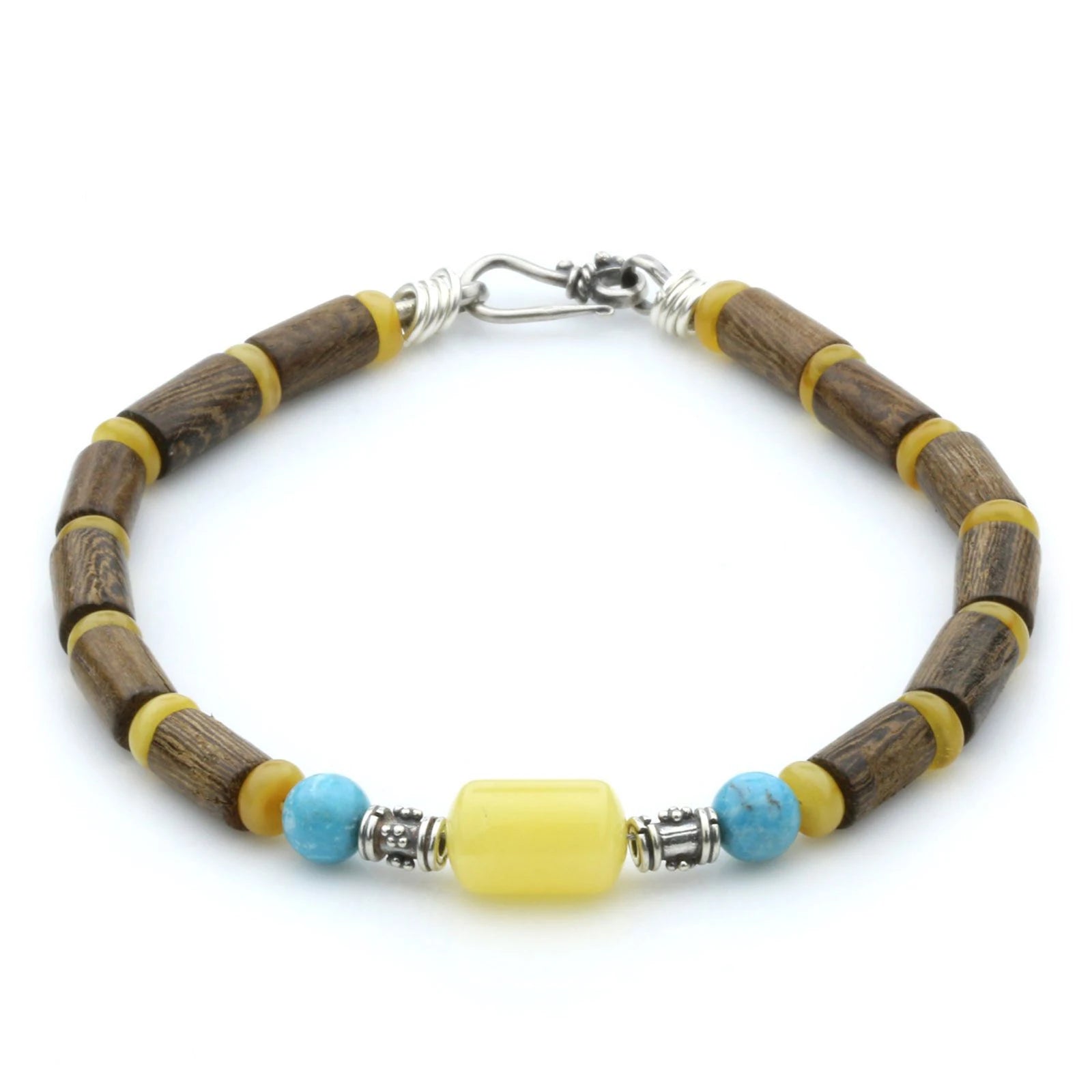NATURAL BALTIC AMBER WOOD TURQUOISE 925 STERLING SILVER BRACELET. SPT17