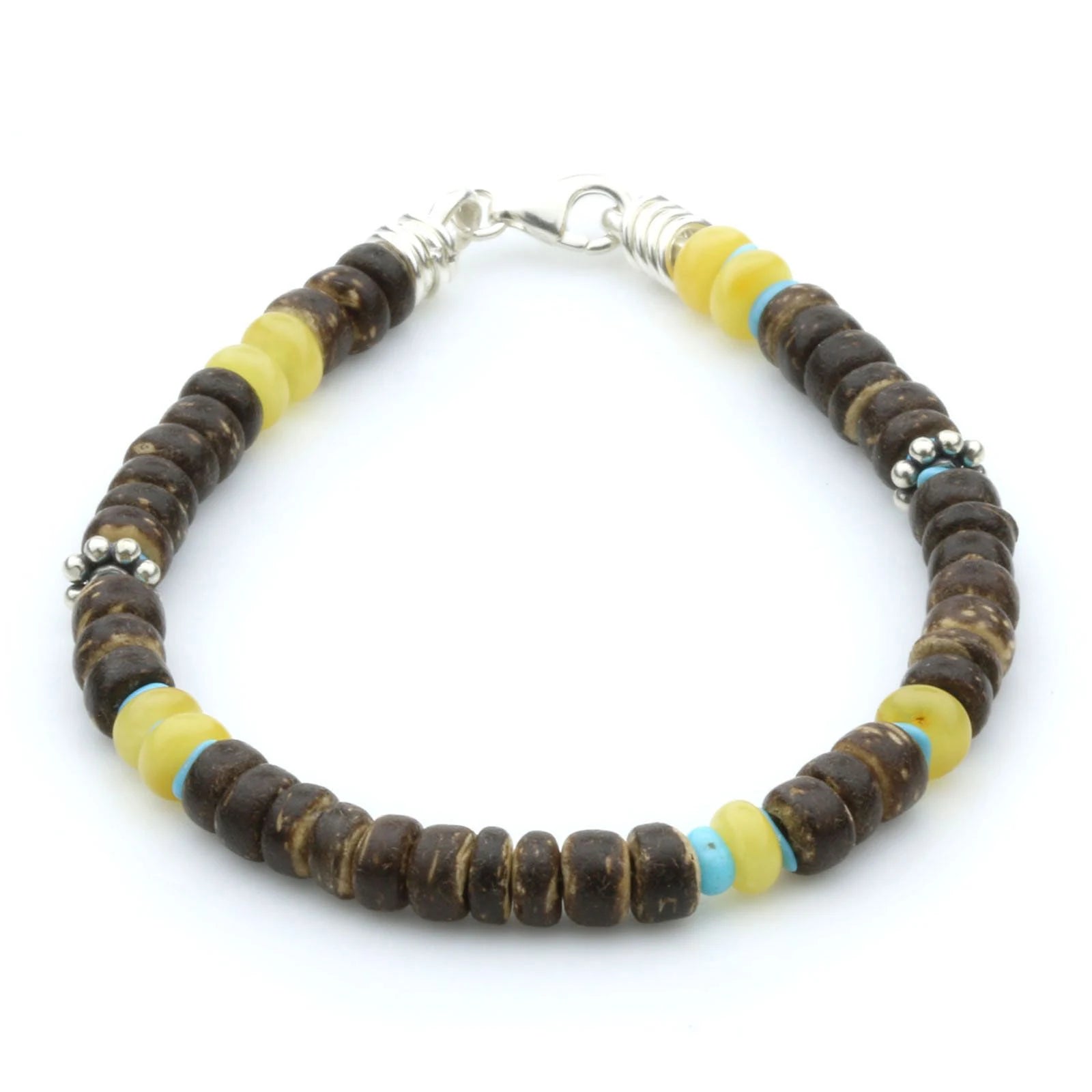 NATURAL BALTIC AMBER WOOD TURQUOISE 925 STERLING SILVER BRACELET. SPT20